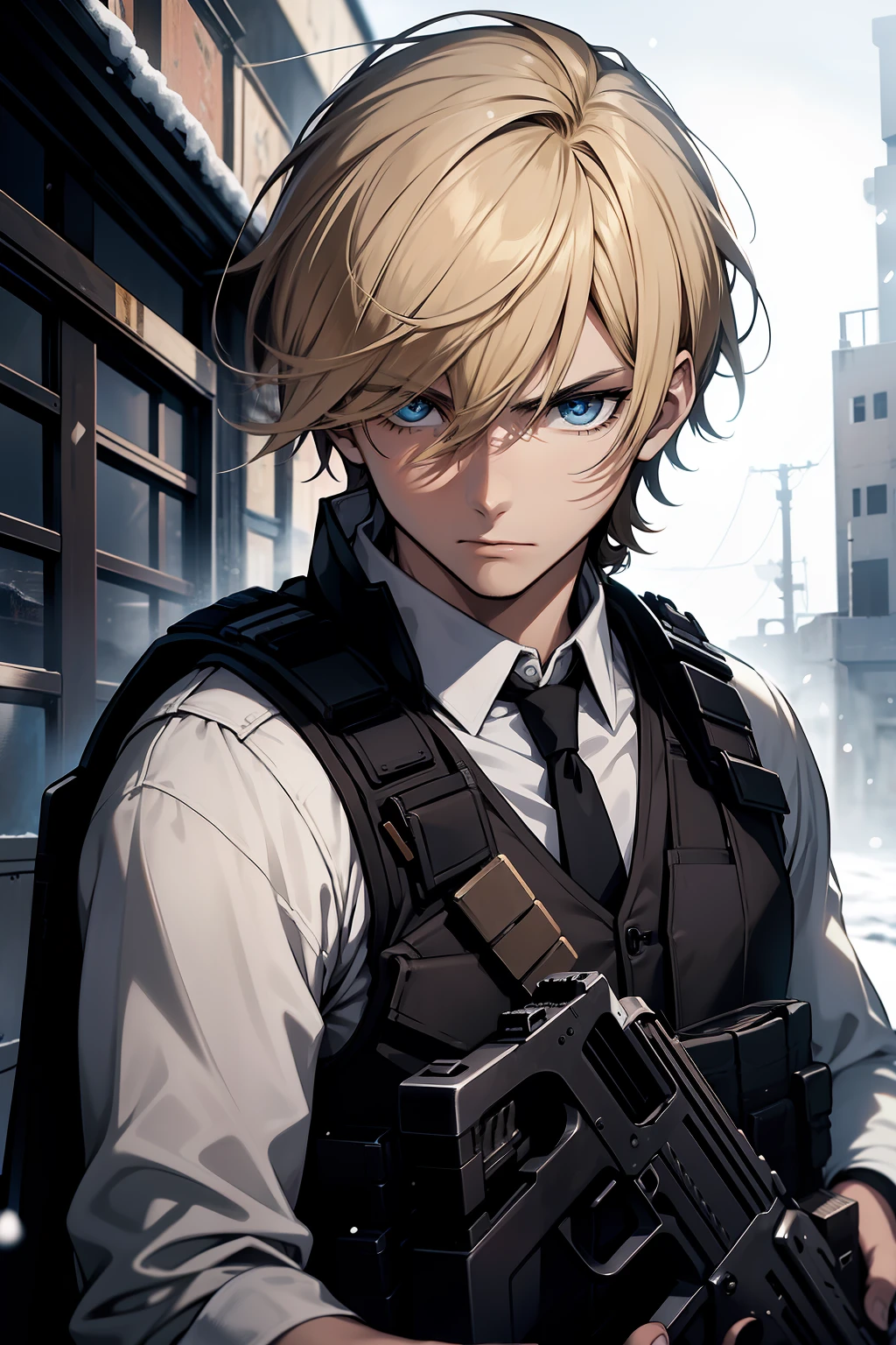 young man, medium hair, eren jaeger face, blond hair, black letter bulletproof vest, white army combat shirt, holding a submachine gun, Antarctica, snow, shooting, crossfire