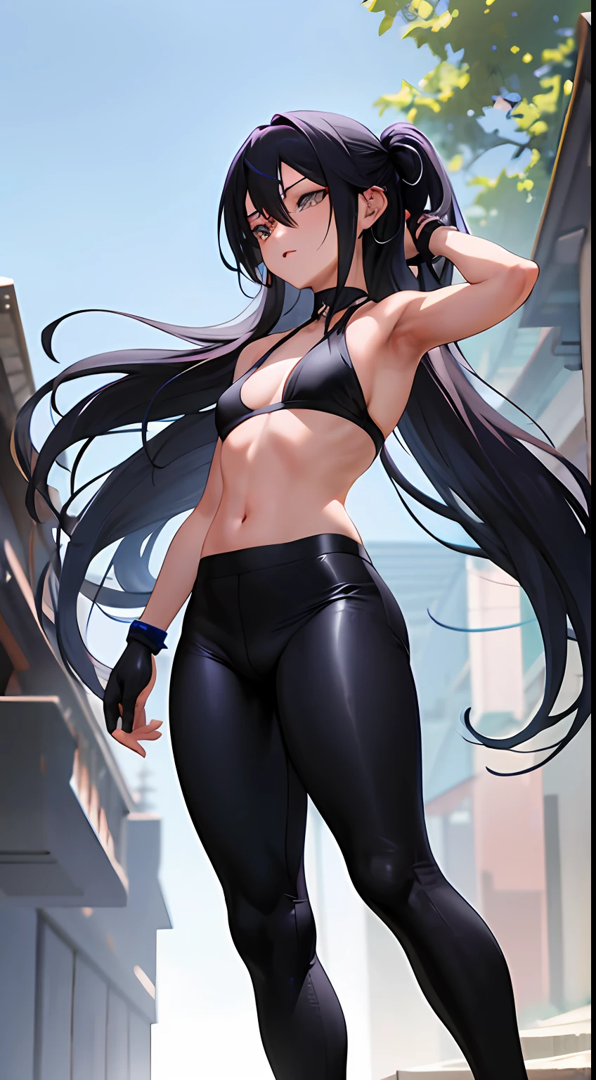 garota de anime, Linda, realista, melhor qualidade, Full HD, rosto detalhado, corpo detalhado, cabelos lisos, cabelos brancos, Cabelos Longos, ombro pequeno, Small thorax, middlebreasts, cintura fina, quadril largo, pernas grossas, top preto, sem mangas, barriga de fora, black legging pants, middlebreasts, pernas grossas, seios para fora, (standing on her feet) tight black legging pants, coxas grossas, seios grandes, tight black legging pants, high waist legging pants, cabelos lisos, cabelos grandes, Ninja, Ninja sexy, Ninja ECCHI, Kunoichi, Ninja, Garota Ninja