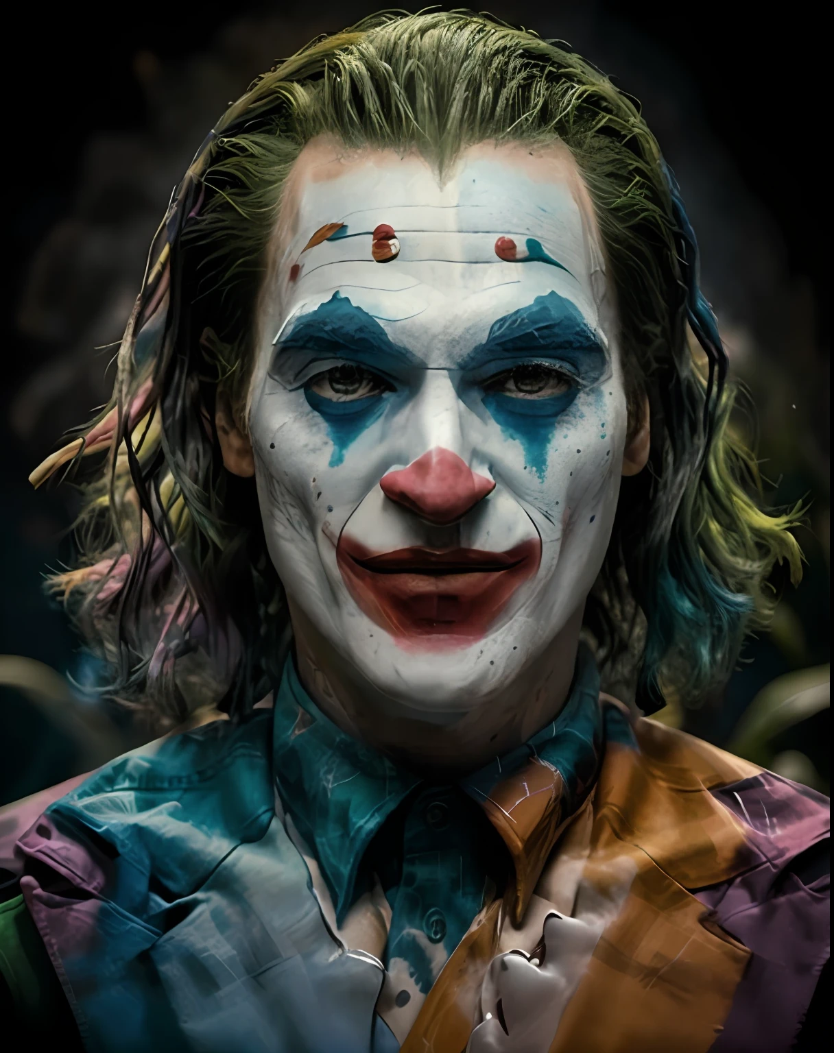 uma pintura do Coringa( Dc comics) com cabelos coloridos, fantasy game spell icon, liquid splashes, arte de jogo de computador, colorido hiperdetalhado, cores de fantasia, imagem de avatar, cores fortes de azul e laranja, belas fotos de avatar, corpo pintado com fluido preto, arte digital h 9 6 0, rico colorido