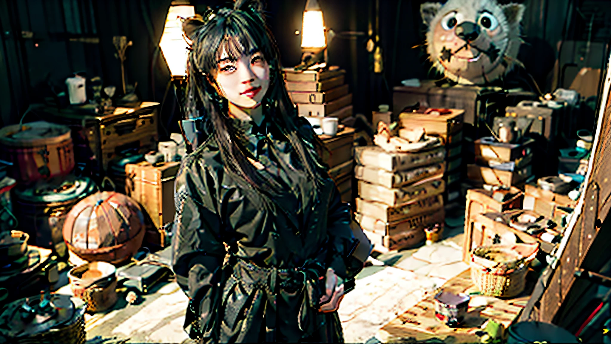 Hair rubber bands, wince, Long eyelashes, Solid round eyes, fakeanimalears, The ear pads are flushed, fang, projected shadow, stereograms, Stereo vision, Act rashly and alert the enemy, atmosphric perspective, 8k, hyper-detailing, acurate。