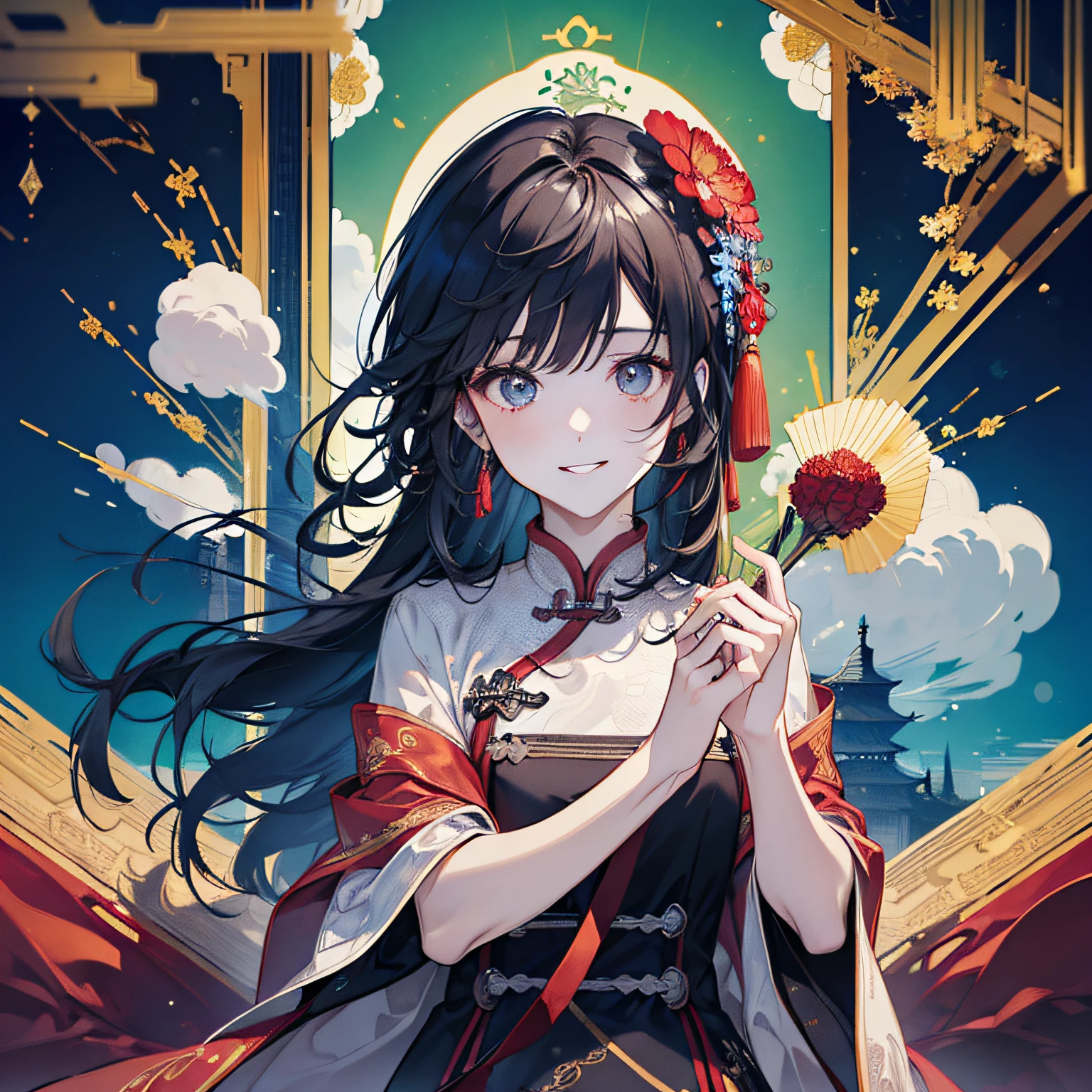 (in 8K、top-quality、masterpiece:1.2)、1人の女性、(Smiling smile:1.1)、beautidful eyes、Valley、The upper part of the body、length hair、Like a boy、poneyTail、Red scenery、