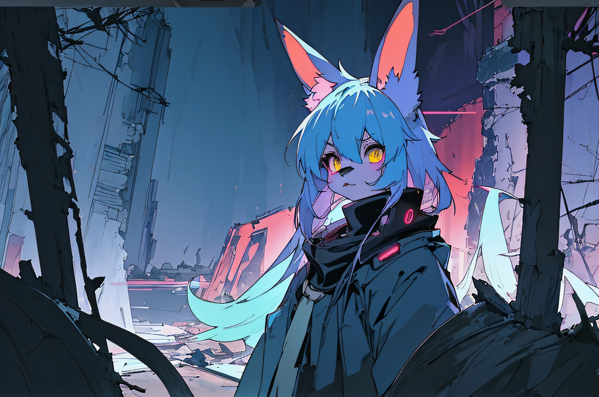 (vintage vhs), (crt screenshot), (((dark scene))), (((dark cloudy scene))), (((bleak dark nighttime unlit scene, dark colors))), (((underground basement scene))), (((unlit nighttime scene))), (((dark abandoned cathedral house))), (((solemn blue anthro kemono furry rabbit exploring old ruins))), (((underground cavern exploring in old ruins))), anime rabbit character with futuristic hair and glowing eyes exploring old ruins, anime art, anime aesthetic, (((old ruins in background cel art))), kemono anime rabbit girl, wearing cybernetic bunny ears, angry female fighter --v6