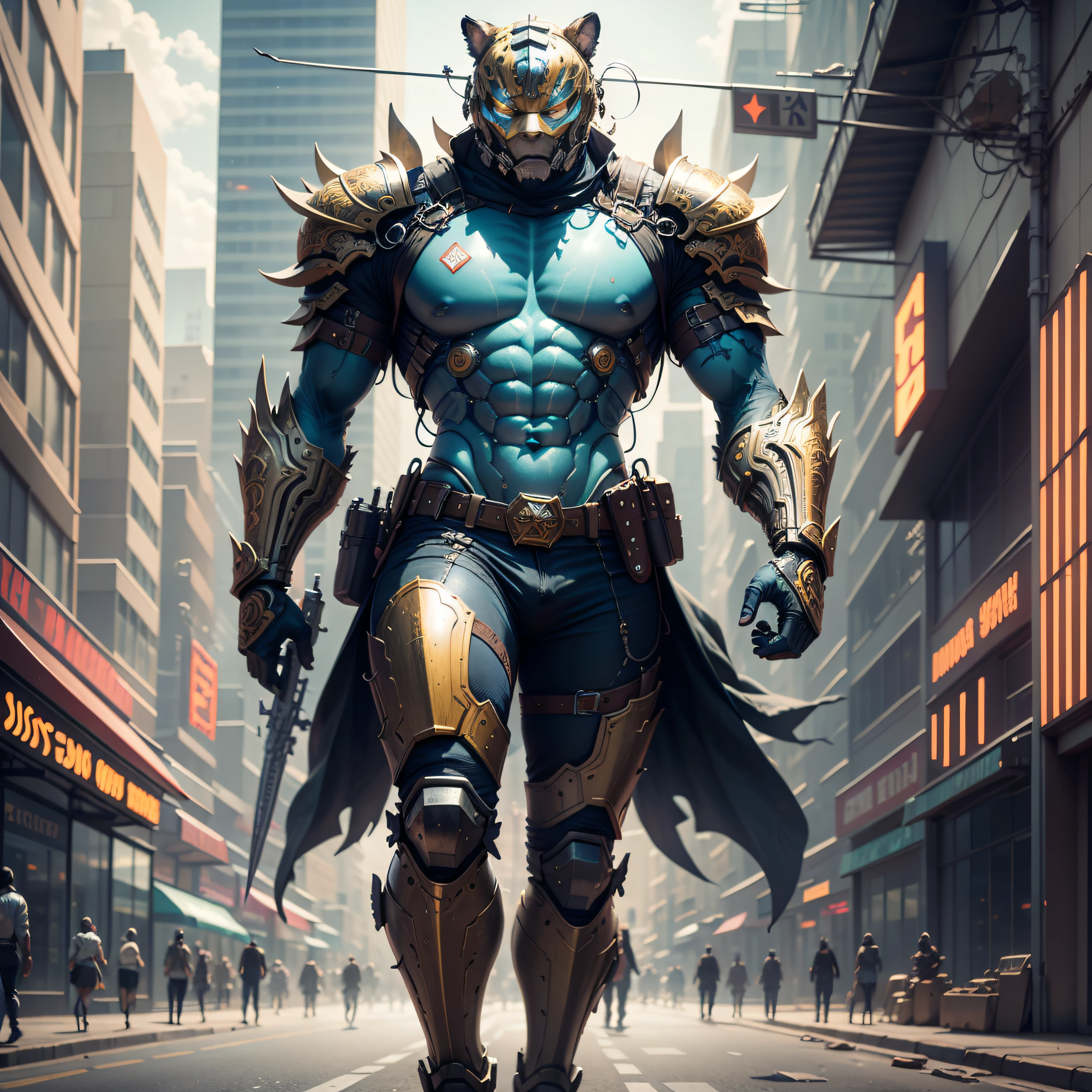(Masterpiece) A man in antique armor and a tiger mask with a weapon walking down the street, costumed warrior, weapon in hand, cyberpunk style color scheme, ((intricate details, super detailed)) 8K.