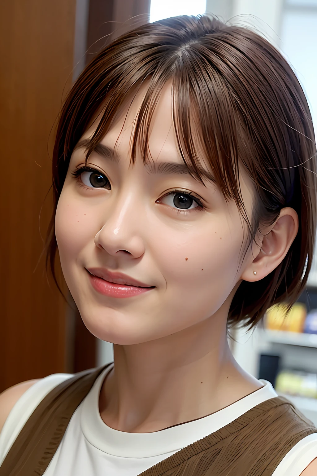(supermarket:1)、PM、Doctor dressing、Light brown fringe short hair、Light brown eyes、lightly dressed、Mass sweat、suns、Hot、Light brown eyes、1girll、Innocence、(Photorealsitic)、(intricate detailes:1.2)、(masterpiece、:1.3)、(top-quality:1.4)、(超A high resolution:1.2)、超A high resolution、(A detailed eye)、(detailed facial features)、nffsw、8K分辨率、(lensflare:0.7)、Looks Back、Busy with inspection reports、Face Buyer