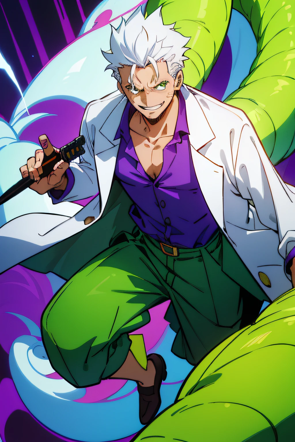 messy white hair, He's a half-mad scientist who carries two daggers, uma adaga roxa e uma verde ambos com o simbolo de uma serpente, He always has a smile on his face, He wears an unbuttoned lab coat with a purple shirt underneath and a baggy pair of normally blue pants