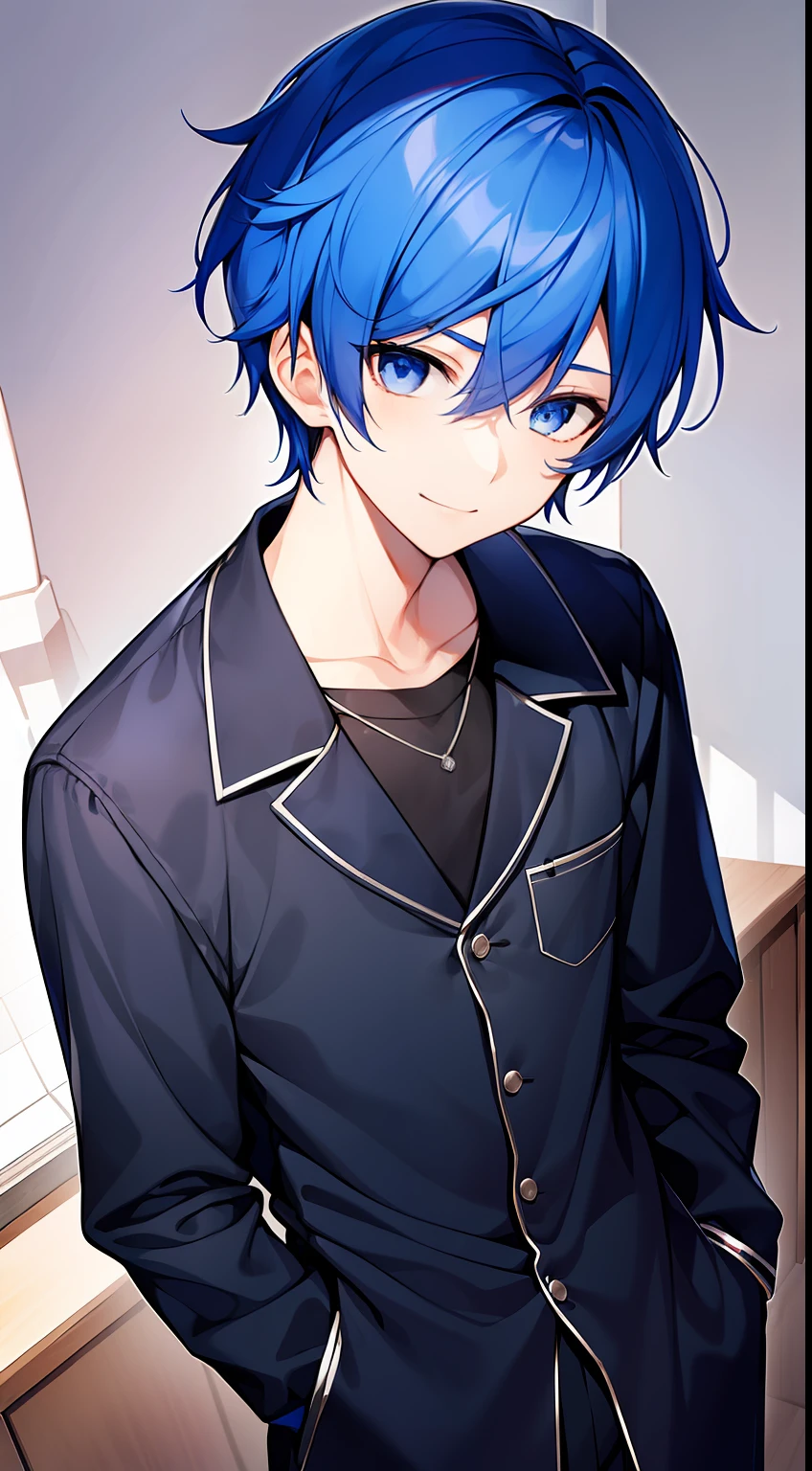 1boy, sad smile, blue hair, black eyes, high school student, black clothes, looking at viewer, full body,