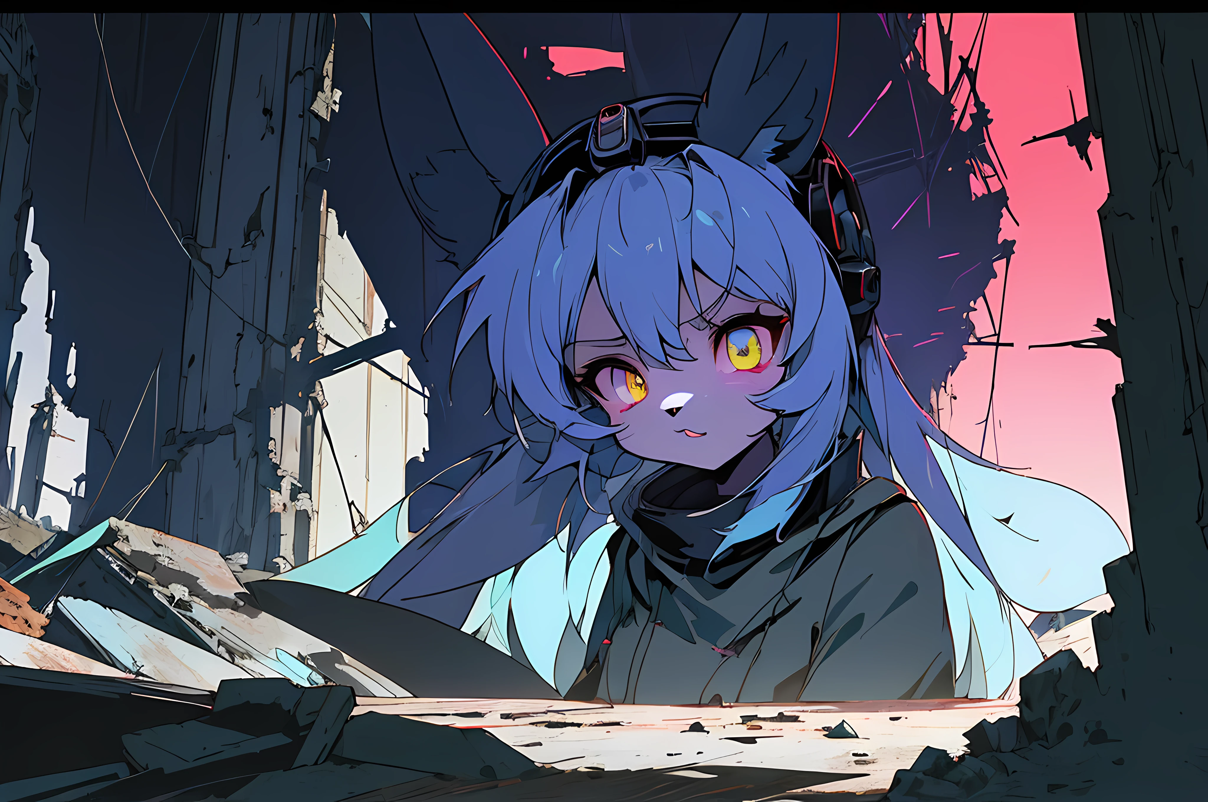 (vintage vhs), (crt screenshot), (((dark scene))), (((dark cloudy scene))), (((bleak dark nighttime unlit scene, dark colors))), (((underground basement scene))), (((unlit nighttime scene))), (((dark abandoned cathedral house))), (((solemn blue anthro kemono furry rabbit exploring old ruins))), (((underground cavern exploring in old ruins))), anime rabbit character with futuristic hair and glowing eyes exploring old ruins, anime art, anime aesthetic, (((old ruins in background cel art))), kemono anime rabbit girl, wearing cybernetic bunny ears, angry female fighter --v6