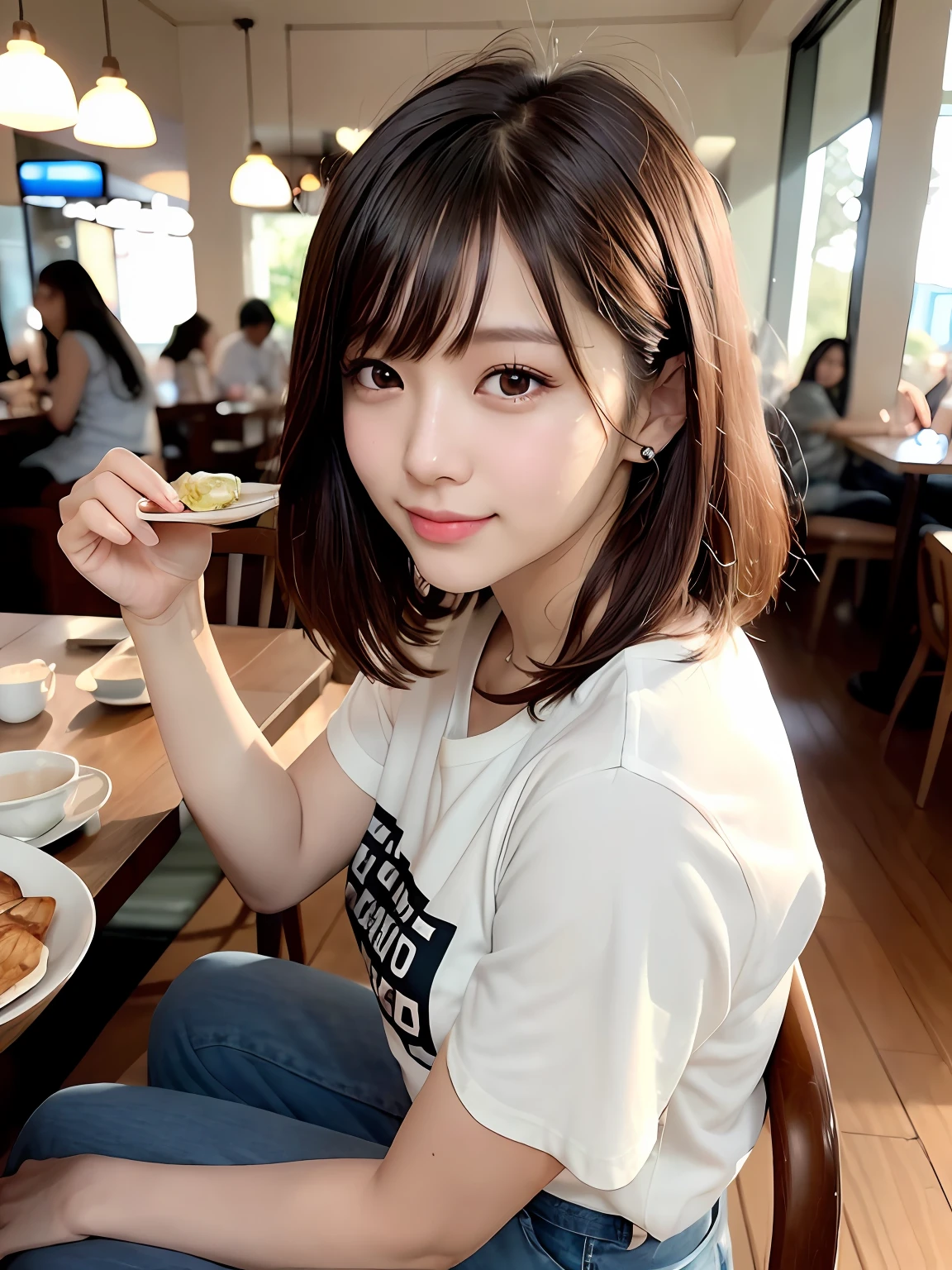 product quality, 1 girl per 1 photo, cowboy shot, front view, a Japanese young pretty girl, long bob hair, wearing a marriage ring, having a breakfast with a big smile in a crowded restaurant in London, sitting on a chair, wearing a short sleeves black T-shirt with a motorcycle graphic printed, wearing light brown pants, hyper cute face, glossy lips, double eyelids for both eyes, natural makeup, shiny smooth light brown hair of long bob hair, asymmetrical bangs, tanned skin, central image, 8K resolution, high detail, detailed hairstyle, detailed face, cinematic lighting, octane rendering, hyper realistic, perfect limbs, perfect anatomy