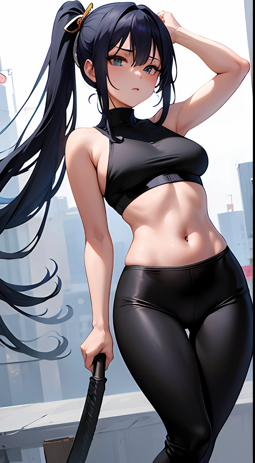 garota de anime, Linda, realista, melhor qualidade, Full HD, rosto detalhado, corpo detalhado, cabelos lisos, cabelos brancos, Cabelos Longos, ombro pequeno, Small thorax, middlebreasts, cintura fina, quadril largo, pernas grossas, camiseta mangas longas, barriga de fora, black legging pants, middlebreasts, pernas grossas, seios para fora, (standing on her feet) tight black legging pants, coxas grossas, seios grandes, tight black legging pants, high waist legging pants, cabelos lisos, cabelos grandes, Ninja, ninja sexy, Ninja ECCHI, Kunoichi, Ninja, Garota ninja