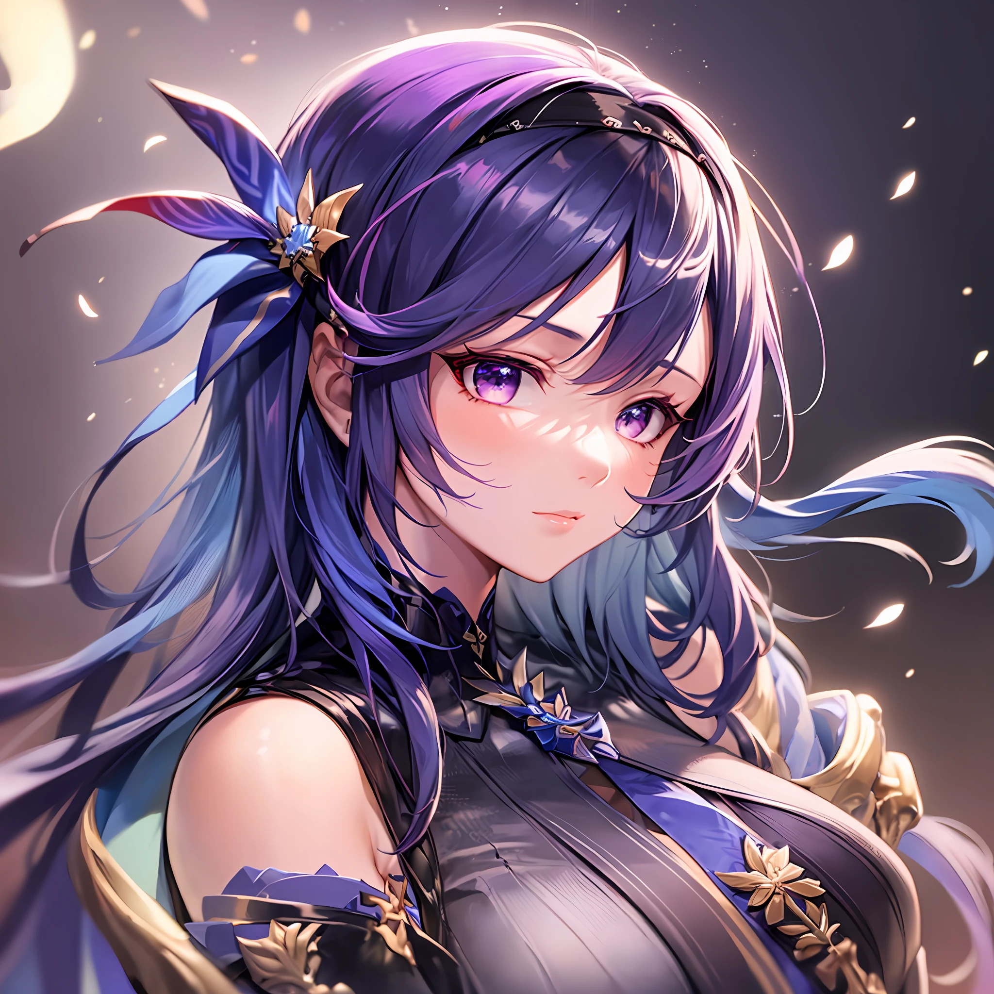 Mast, best quality, 1 girl, raiden \ (Genshin Impact), purple hair, purple eyes, long hair, headband, hair accessories, looking at the audience, from the side