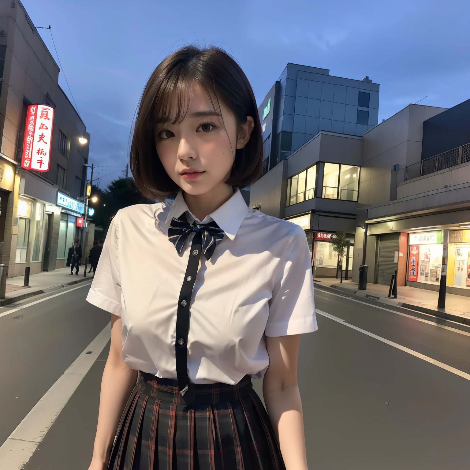 (8k, RAW photo, best quality, masterpiece:1.2), (realistic, photo-realistic:1.37), ultra-detailed, 1 girl,cute, solo,beautiful detailed sky,detailed tokyo street,night, medium breasts,beautiful detailed eyes,(collared shirt:1.1), bowtie,pleated skirt,(short hair:1.2),floating hair,short hai,