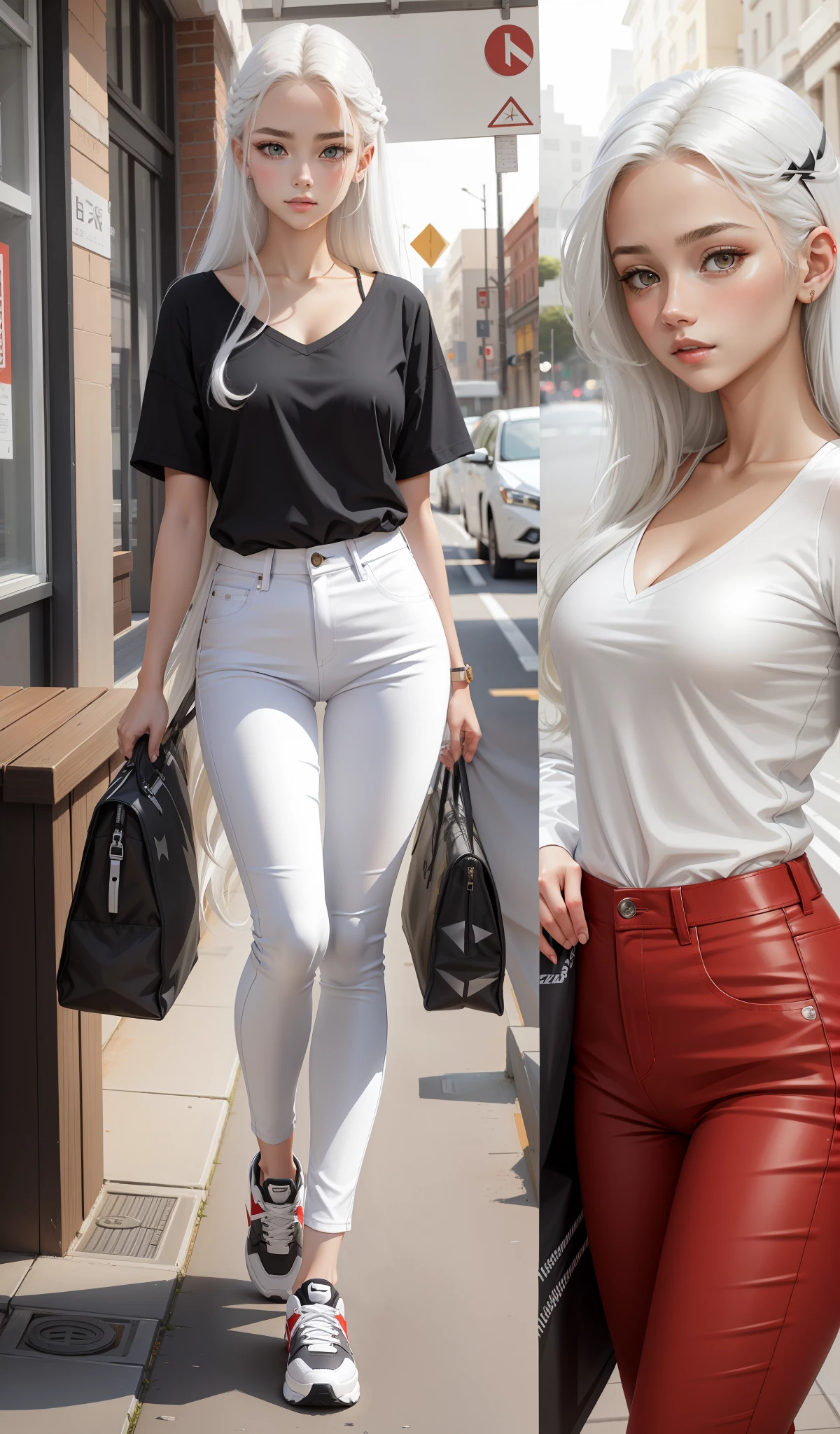 a woman in a white shirt and red pants is playing video game, simple style, wearing elegant casual clothes, muted red, simple clothes, milk and red style, casual clothing style, modern fashion outfit, wearing a fisher , casual modern clothing, inspo, red clothes, red pants, neutral tones, rred and white color scheme, casual business outfit, cute face, nike shoes, , adult face, long hair, ((white hair)) and gleaming detailed golden coloured eyes, slim frame, small breasts, long legs, curvaceous figure, sharp features, black headband