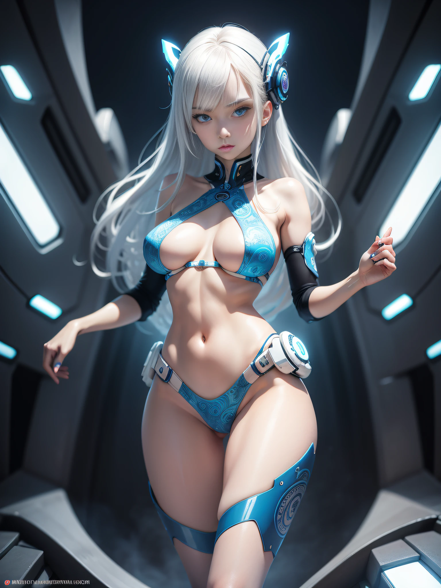 masterpiece, best quality, girls, slender, blue eyes, hair color ash, white skin, medium breasts, cute, sexy, futuristic, bikini, overexposed skin, night, psychedelic, paisley theme, open legs, full body