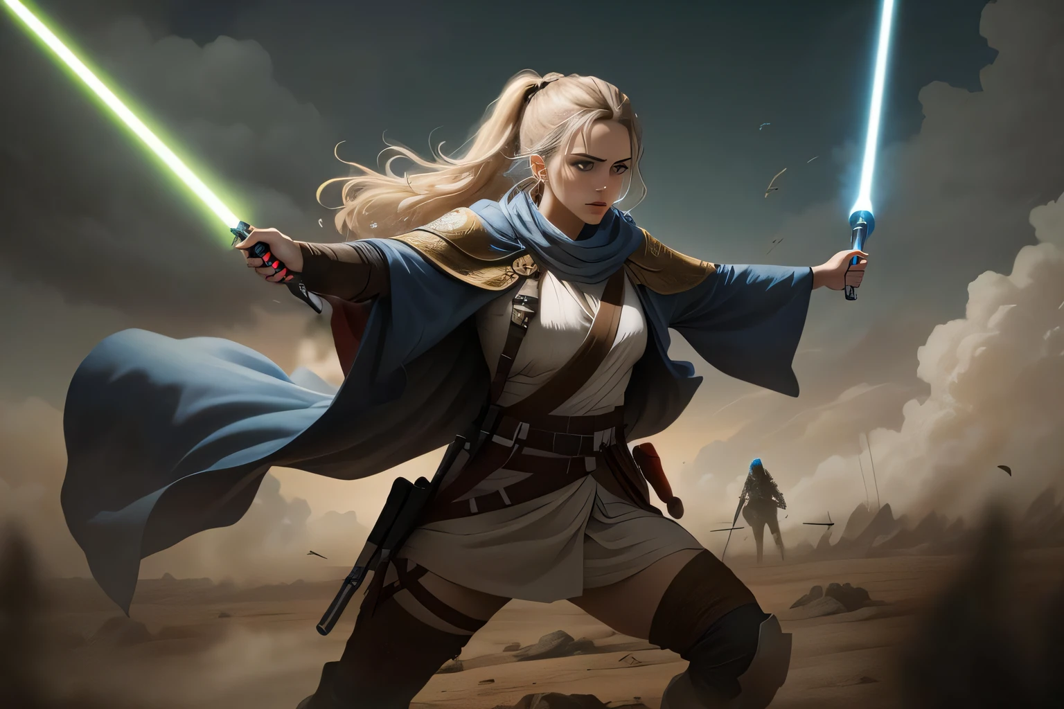 a female jedi,
wearing cape, blue lightsaber,
in a battlefield, medieval,