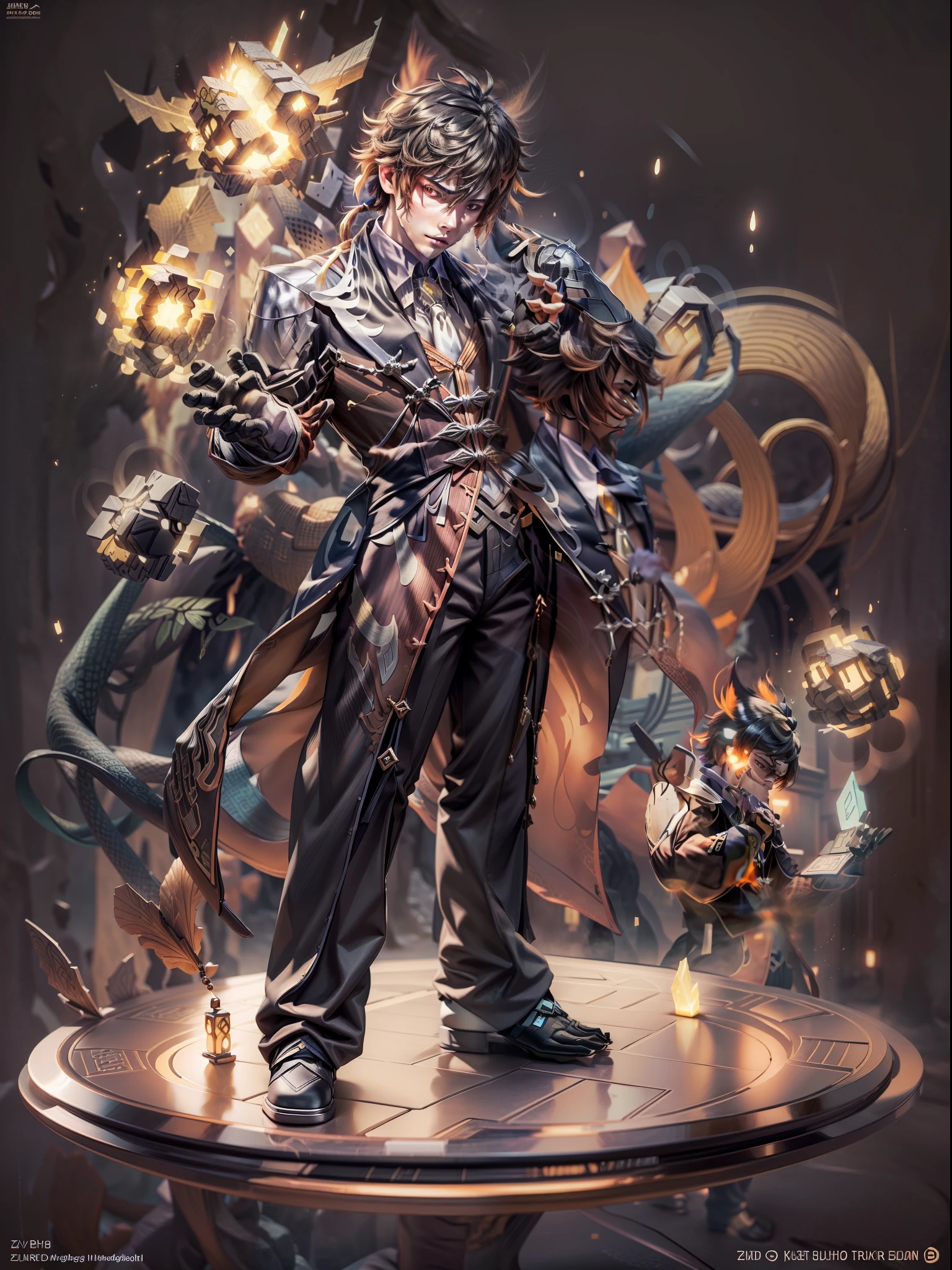 (Blind box toy style:1.2), (Full body shot) , 1 masterpiece, Best quality, ((anatomy correct,1 boy solo)),(Zhongli) (Genshin Impact), Brown hair, single earring, mitts, nipple tassels, bangs, Black gloves, jewelry, Tassel earrings, Single ponytail, hair between eye, Jacket, Long sleeves, shirt, tiese, Collared shirt, formal , suit, floating object, dreamy glow, Clean, Clean dark background (circular base)( Global illumination, Ray traching, hdr, unreal render,reasonable design, high detal, Masterpiece, Best quality, hyper HD, Cinematic lighting)