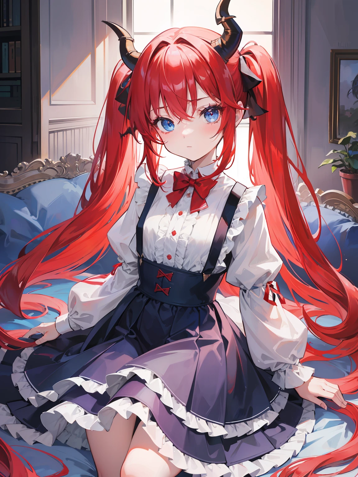 {{best quality}}, {{masterpiece}}, {{ultra-detailed}}, {illustration}, {detailed light}, red hair,blue eyes,twintails,,Suspenders skirt,Fantastic,loli,sDragon horns,little gir