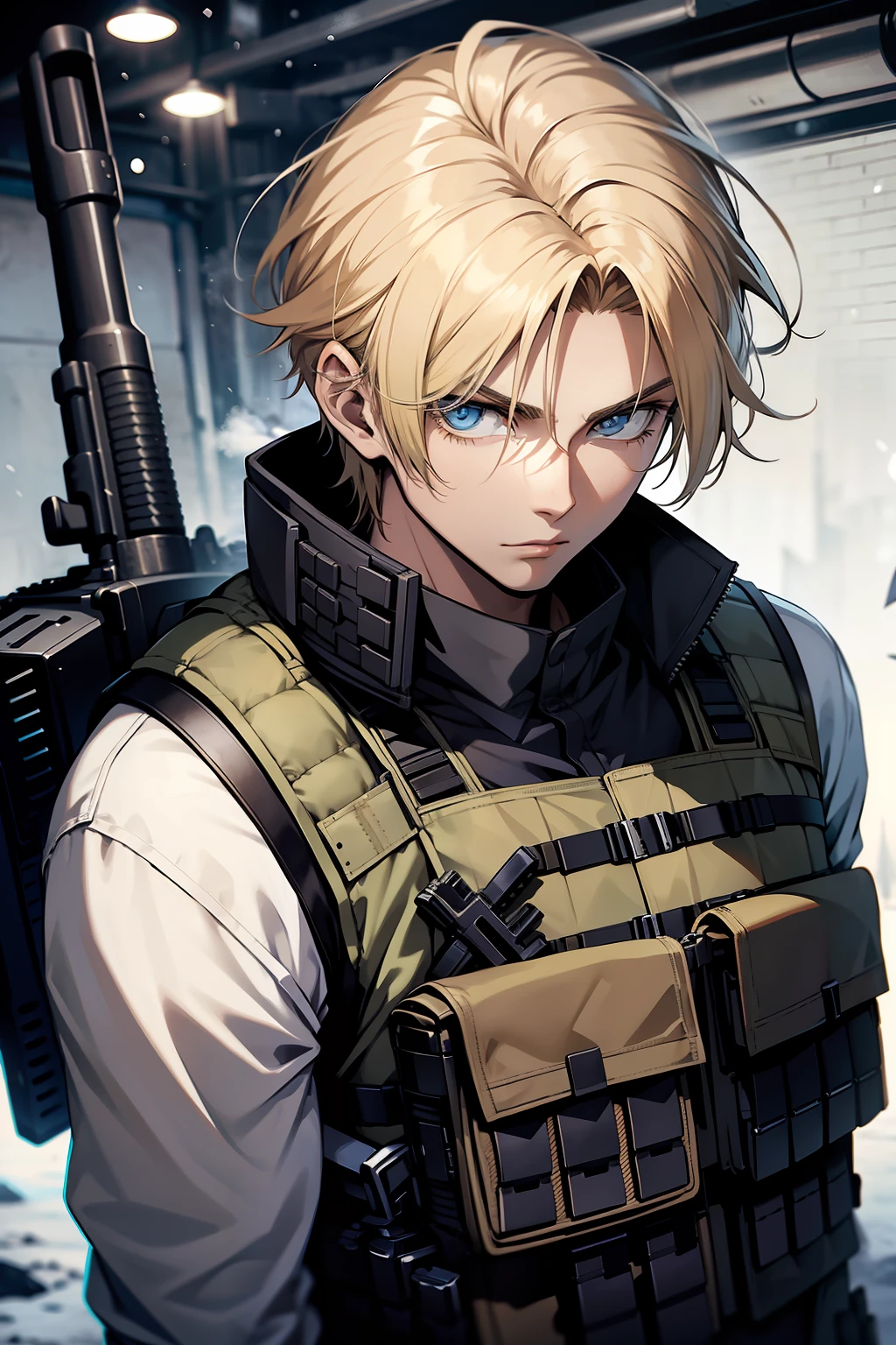 young man, face of Eren yeager, blond hair, black letter bulletproof vest, white army combat shirt, holding SASG-12 rifle,, Antarctica, snow, shooting, crossfire
