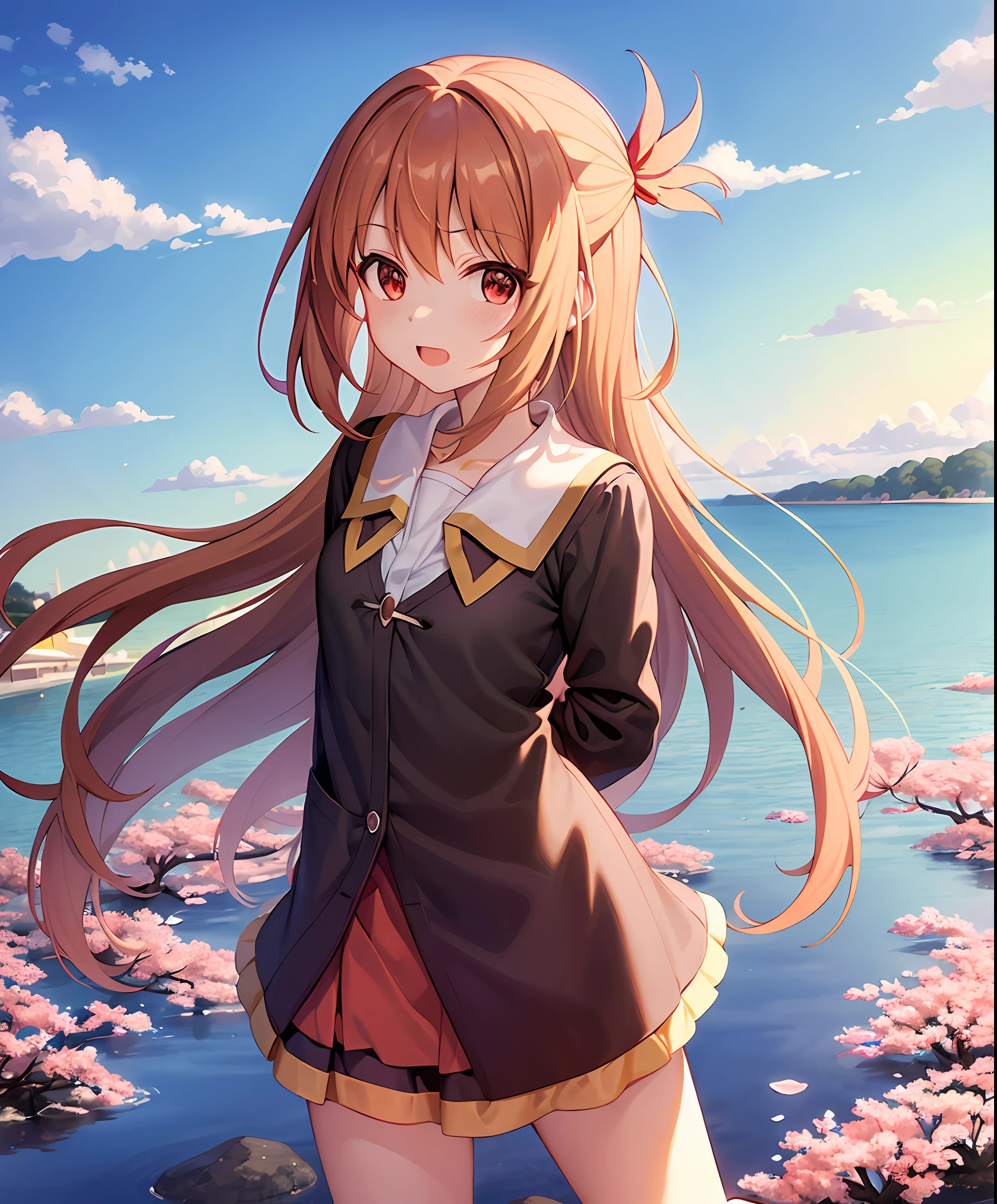 Megumin Konosuba, sozinho, saia, red eyes, cabelos curtos, sorrir, Xadrez, arms behind back, Olhando para o Viewer, dois lados para cima, umbigo, Uniforme escolar, saia marrom, camisa, franja, camisa branca, diafragma, mangas compridas, cabelos castanhos, colar de marinheiro, seios, boca fechada, fluttering grass,(primavera,Flores de Sakura),Petals,(Reflexo da lente),Altocumulus,(sombra) Of [a sakura tree],prado,(lago,surface reflection)