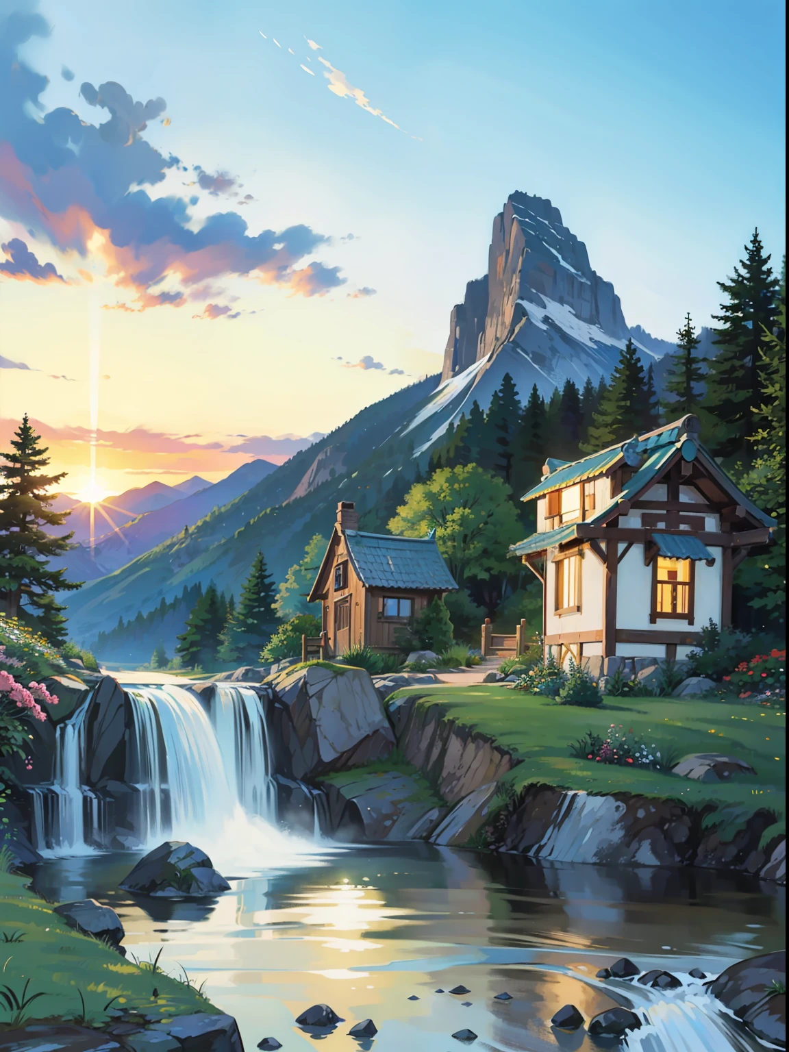 Illustration of mountain dwellings, waterfalls in the backyard, a beautiful brick trail lead to a beautiful flowering garden, sunny dusk in a beautiful grassy garden, birds draw the skies