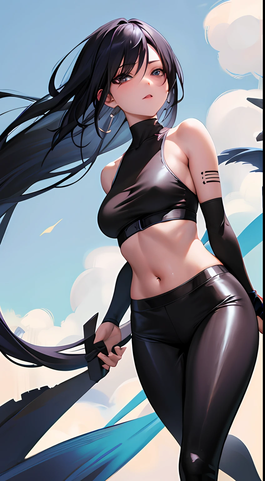 garota de anime, Linda, realista, melhor qualidade, Full HD, rosto detalhado, corpo detalhado, cabelos lisos, cabelos brancos, Cabelos Longos, ombro pequeno, Small thorax, middlebreasts, cintura fina, quadril largo, pernas grossas, camiseta mangas longas, barriga de fora, black legging pants, middlebreasts, pernas grossas, seios para fora, (standing on her feet) tight black legging pants, coxas grossas, seios grandes,  tight black legging pants, high waist legging pants,  cabelos lisos, cabelos grandes, Ninja, ninja sexy, Ninja ECCHI, Kunoichi, Ninja, Garota ninja, mascara preta, kakashi