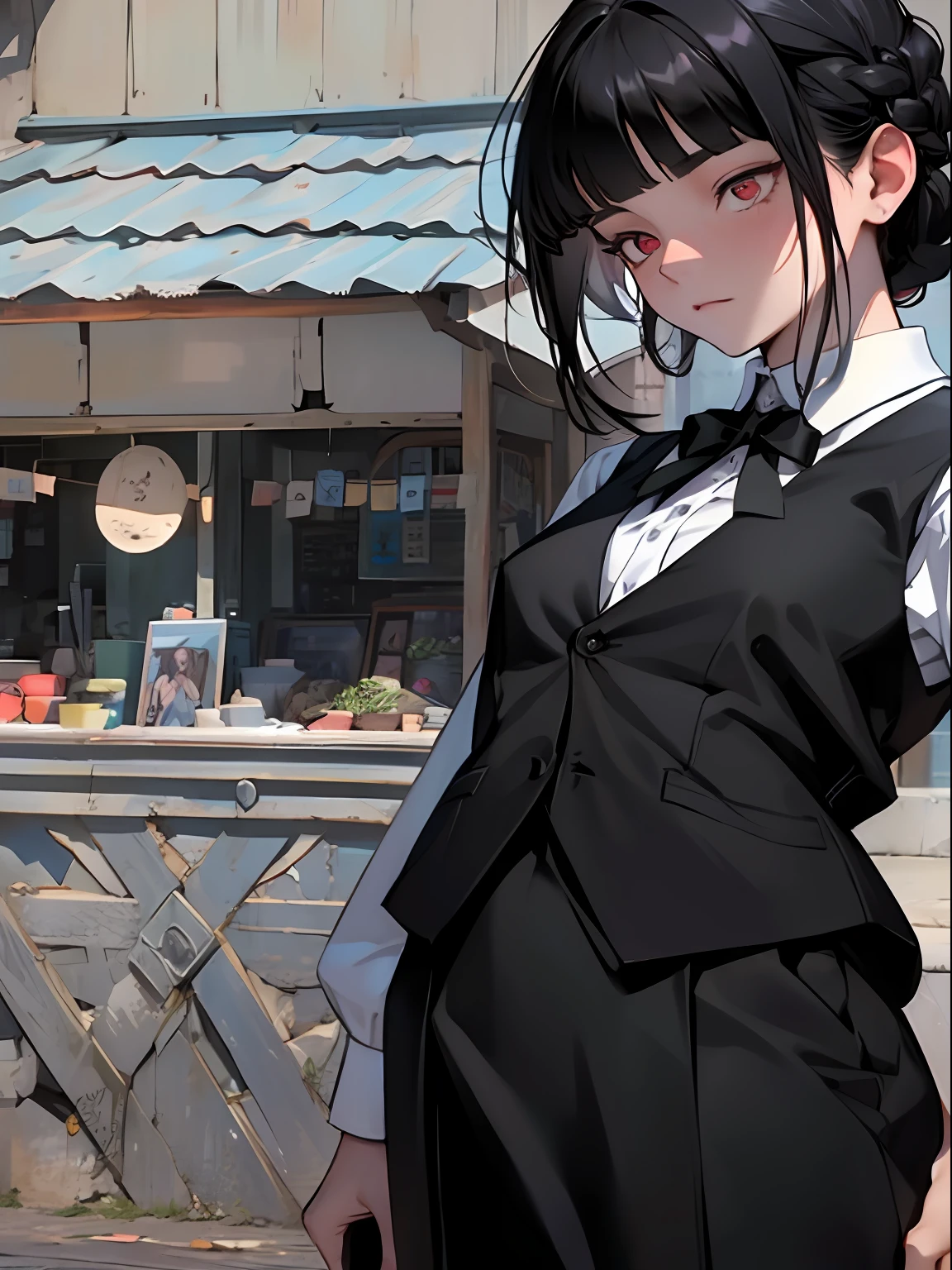 (smooth lighting), ((Beautiful eyes)),wide shot layout,wednesday addams BREAK 12years old,black hair,blunt bangs,pale skin,red eyes,jitome,hollow eyes, half-closed eyes,detailed eyes,beautiful eyes,hair ornaments at hexagram,1girl,solo,braid,ashamed,troubled expression,best quality,ultra-detailed,(masterpiece),sweat,wear Black tie, white shirt, black vest,looking away,fullbody,