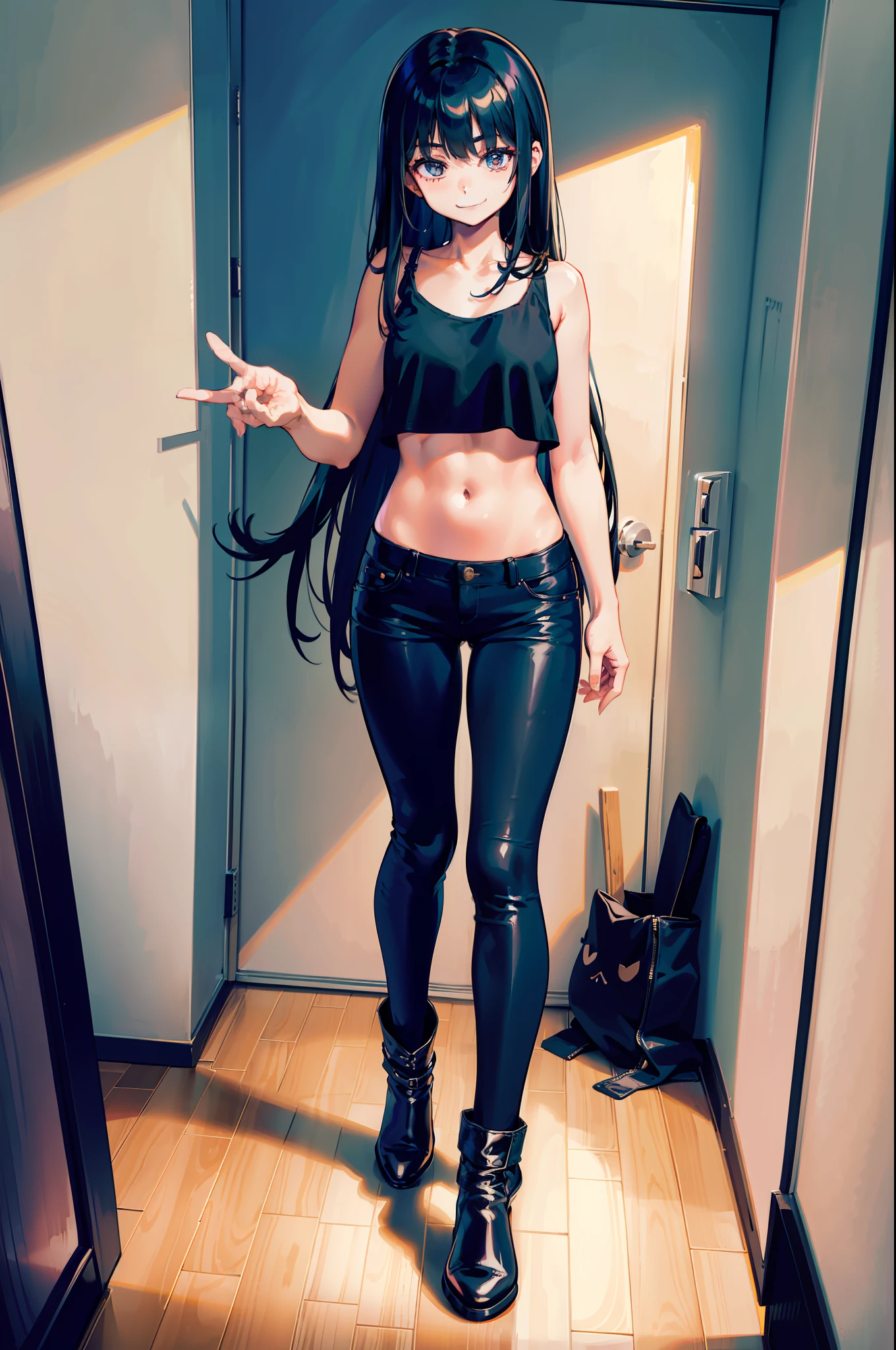 1 girl, room, black shorts jeans, black gothic t-shirt, black boots, long hair, no makeup, posing standing, looking with a small smile in a mirror