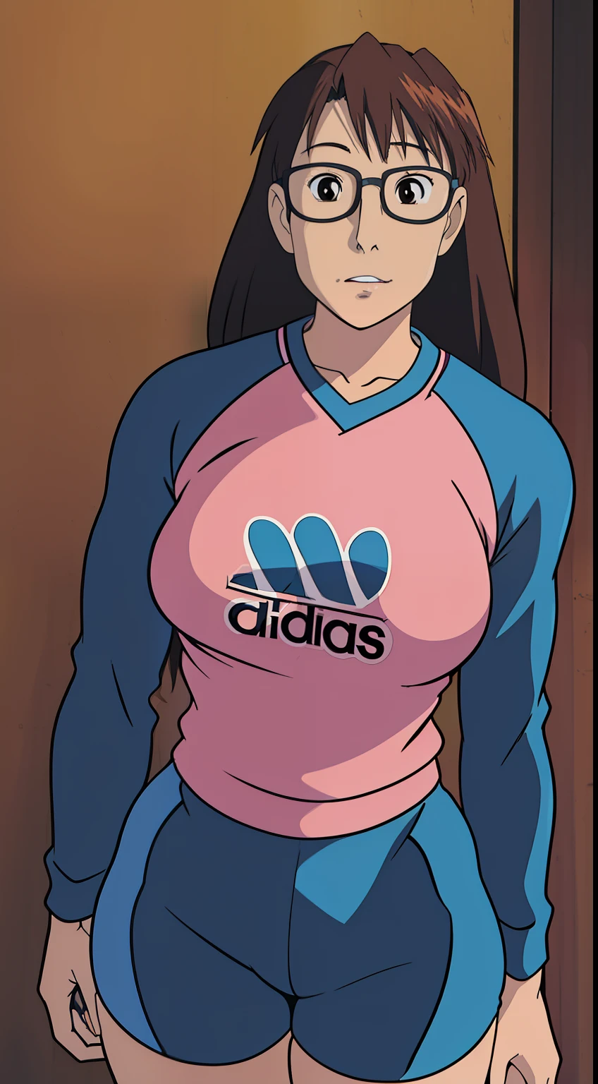 Koyomi Mizuhara, brown hair, long hair, glasses, brown eyes, luscious lips, Sleeved shirt jersey, large breasts, adidas biker shorts, socks, shoes, Wallpaper, Standing upright, sexual poses, close up, closer view, in front of POV kiss