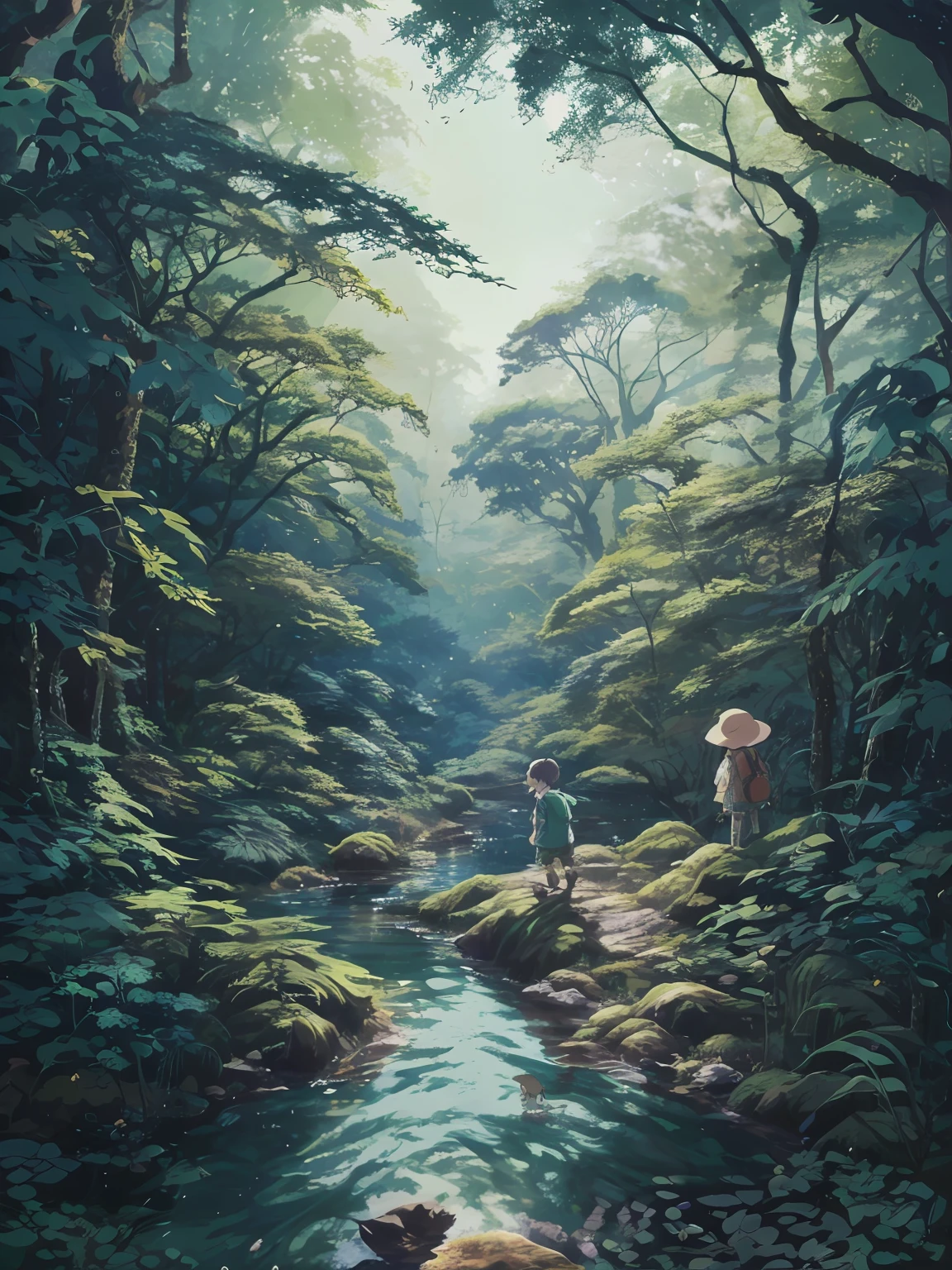 Anime scenes of boys and girls playing on the stream, children's art in artstation, In the deep forest, anime lush john 8k woods, rob rey and kentaro miura style, in a dense forest, in a deep forest, inspired by Tosa Mitsuoki, studio ghibly style mononoke, 2 d gouache illustration, ghibli art style