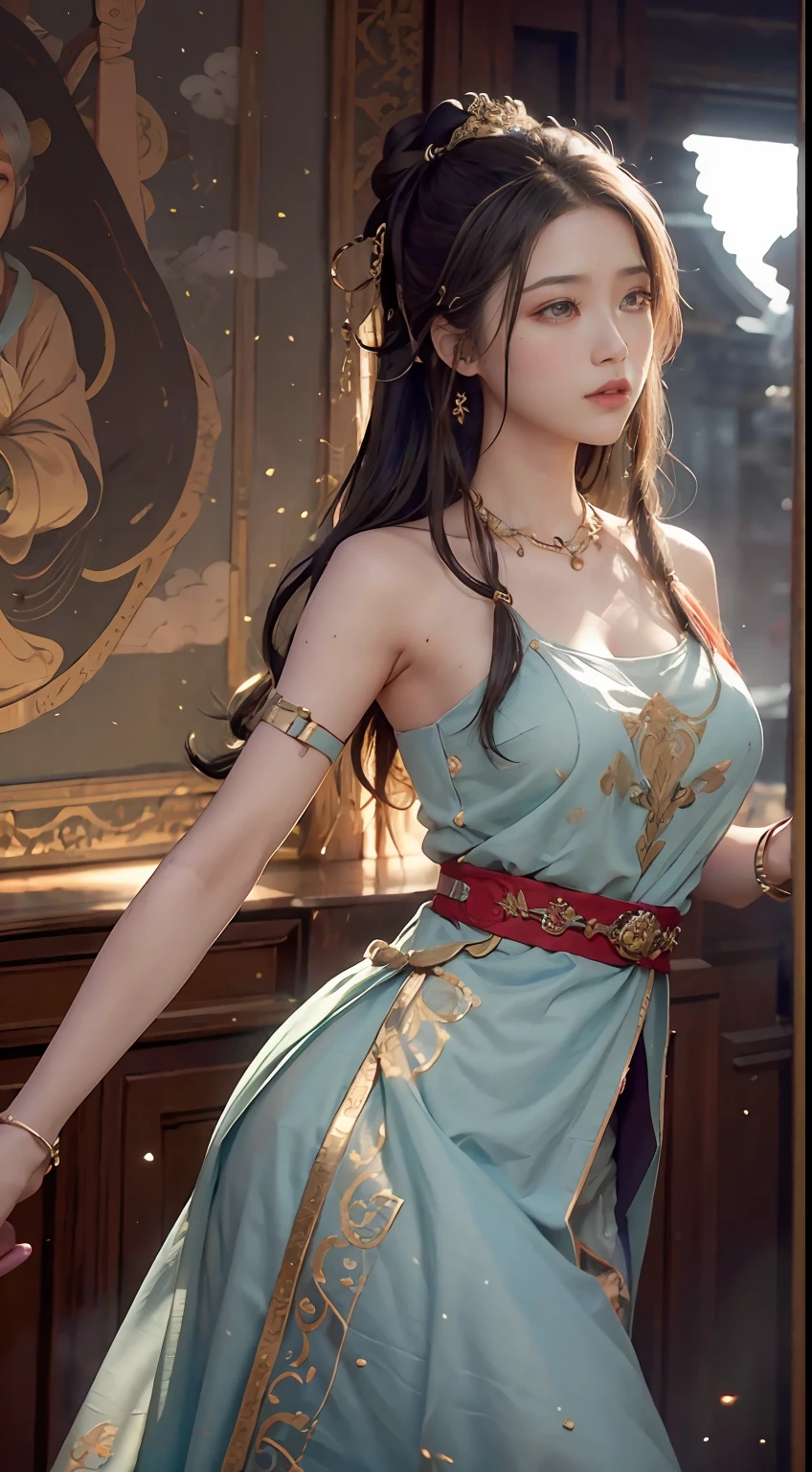 （RAW photos，best qualtiy），（realisticlying，photograph realistic：1.3），best qualtiy，highly  detailed，tmasterpiece，hyper-detailing，illustratio，1girll，nakeness，dynamic angle，Masterpiece Theatre of the World，messy_long_hair，best qualtiy，extremely detailed CG unity 8k wal，ink，astounding，cinmatic lighting，lens_flare，，dunhuang_style