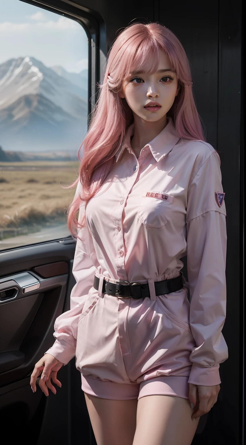 Best quality,A masterpiece of women with rich details，Clear semi-realistic image，The main body is most of the body，18-year-old young woman with long pink hair and bangs，Wearing a pink-purple flight suit with black accessories，stand-up collared shirt，Sharp facial features，Brown eyes，There is hair between the eyes，The body has a fluorescent long coating，There is shattered glass around，The background is a cold scene of the grassland，Show a sense of authority and power in a serious accident，The overall image is beautiful。
