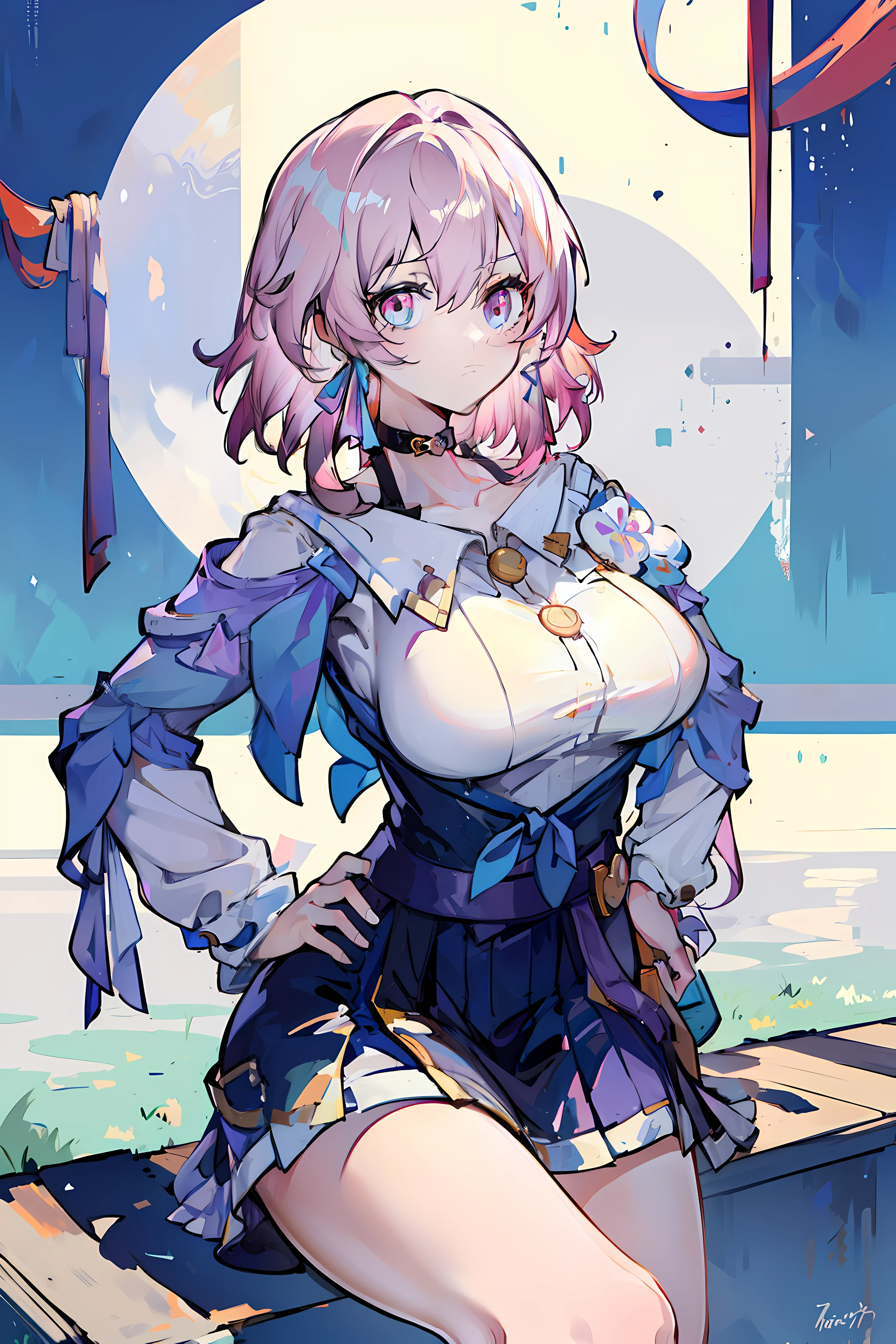 (masterpiece),best quality, expressive eyes, perfect face, 1girl,
big breast, H-cup, good breast, beautiful, gorgeous,anime,girl,lora, hands on waist, hands on hips,march7th,
multicolored_eyes,
pink hair,
ribbon earrings,w sitting, w sitting on ground, legs on ground