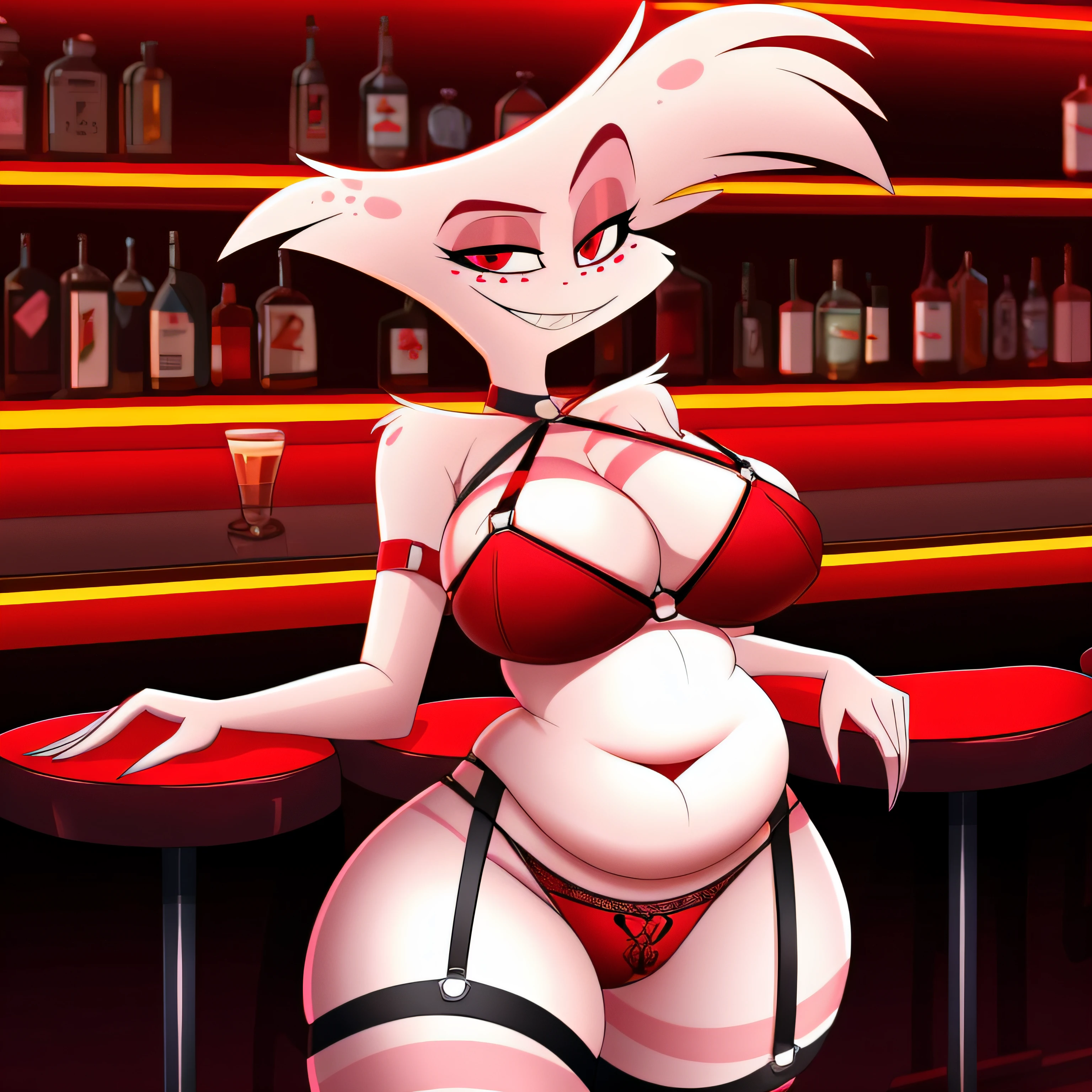 Angel Dust Hazbin Hotel, big breasts, huge hips, harness, waist garter, panties, cleavage, highly detailed, hi res, high resolution, at bar, red theme, sexy pose, pinup, thick thighs, thick, fat, chubby, overweight