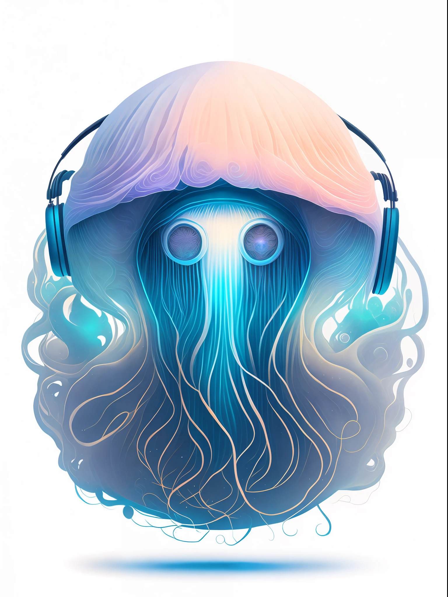 circular design, t-shirt design, jellyfish with headphone, detailed face, soft and smooth skin, symmetrical, soft lighting, concept art, digital painting, hyperdetailed painting, complex, amazing details, highly detailed, intricate details, realistic, multiple views, white, colored light background