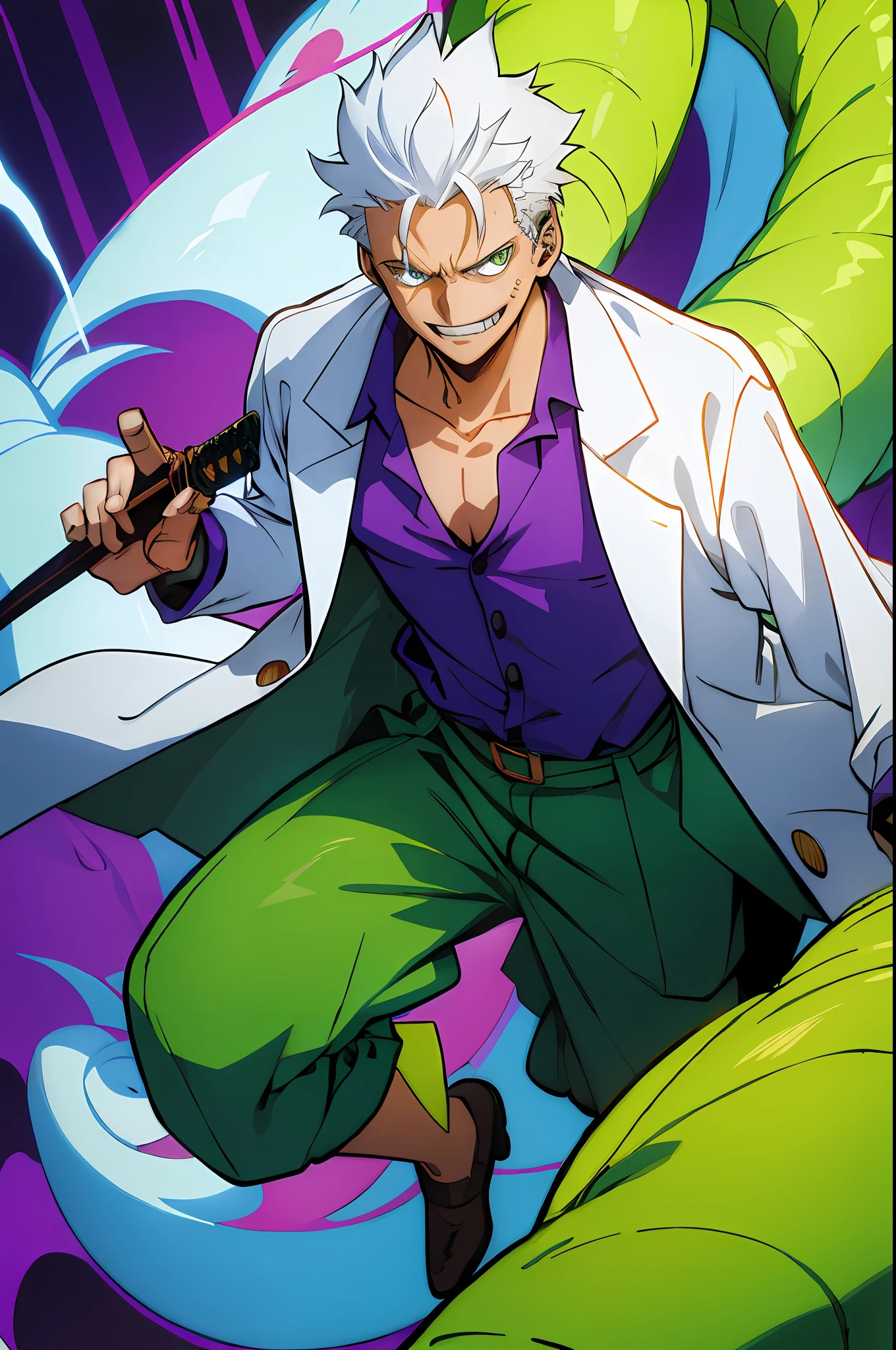 Anime character with white hair and green pants holding a sword, visual chave, kentaro miura manga art style, Kentaro Miura estilo de arte, Arte Oficial, shigenori soejima illustration, arte chave do anime, Arte de Ryuta Ueda, Kentaro Miura Arte, papel de parede!, arte oficial altamente detalhada