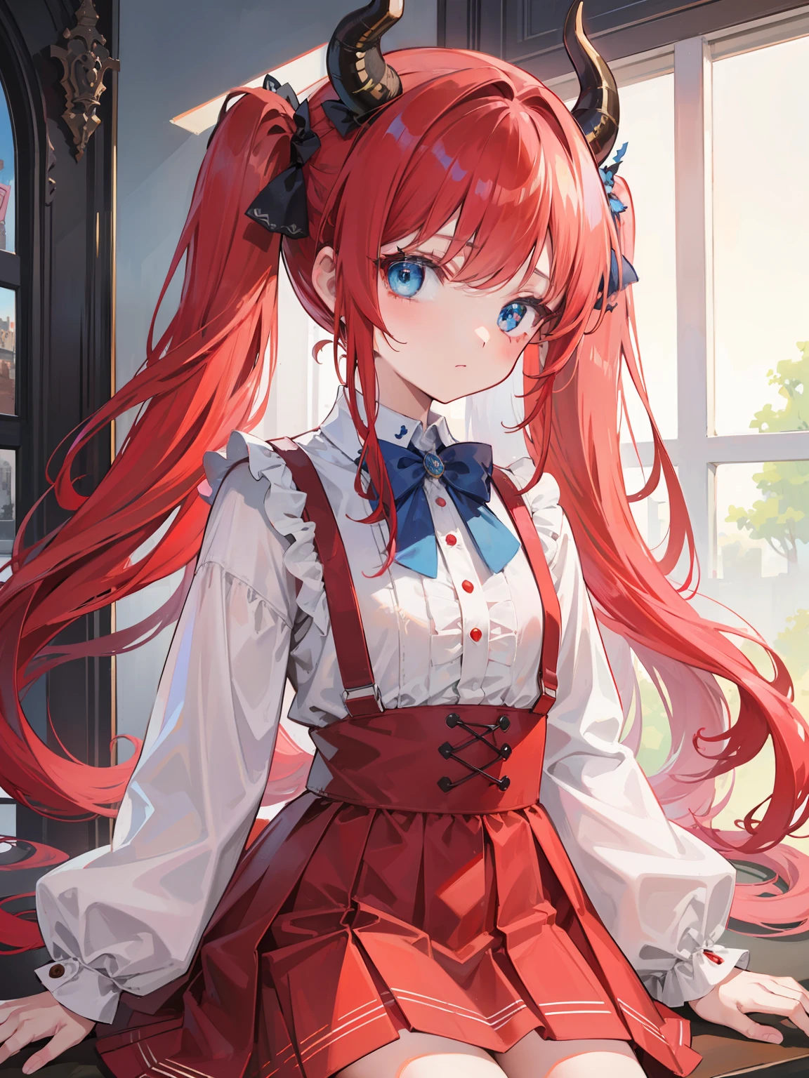 {{best quality}}, {{masterpiece}}, {{ultra-detailed}}, {illustration}, {detailed light}, red hair,blue eyes,twintails,lolita,Suspenders skirt,Fantastic,loli,solo,Dragon horns,little girl,long hair