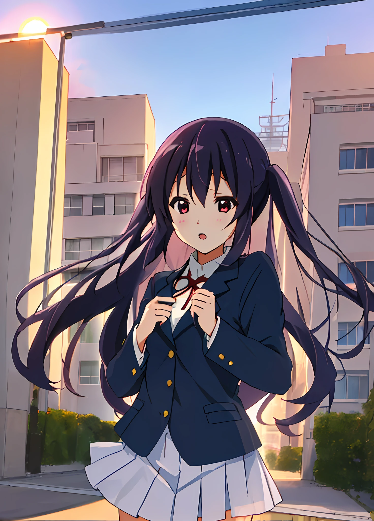 1girl, (((masterpiece))), top-quality, top-quality, High Details, nakano azusa, 1girl, Sakuragaoka High School Uniform, student clothes, Twin-tailed, length hair, A dark-haired, brown-eyed, 独奏, reddish, Dark blue blazer with thin red ribbon, Solid white buttoned shirt under blazer, illustratio, comic strip, soothing tones, Subdued Color, Soft cinematic light, adobe lightroom, photolab, HDR, intricately and hyper-detailed、(((depth of fields))))。(((masterpiece)))。(((top-quality))).)((ultra-detailliert)))。(((illustratio)))。(((takeout))).dynamic focus.big breasts.(((Skyscrapers))).(((A city scape))).(((Face of sadness))). open mouth.(((fighting stance))).(((up chest))).((evening glow)).((the setting sun)).