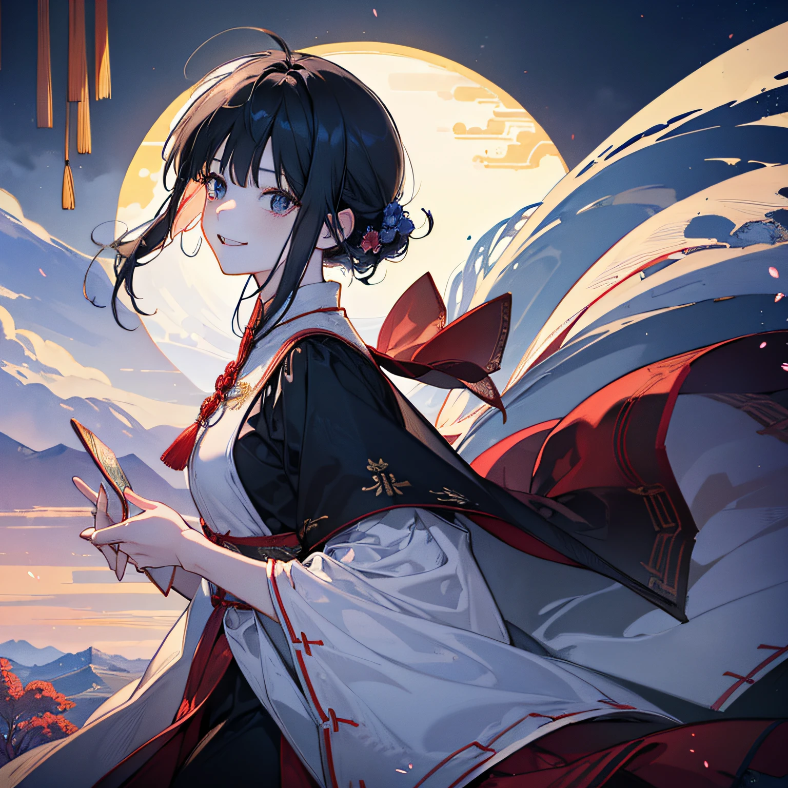 (in 8K、top-quality、​masterpiece:1.2)、1人の女性、(Smiling smile:1.1)、beautidful eyes、Valley、The upper part of the body、length hair、Like a boy、poneyTail、Red scenery、