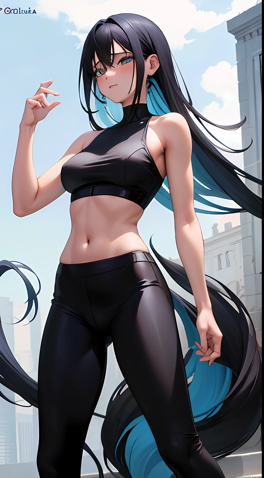 garota de anime, Linda, realista, melhor qualidade, Full HD, rosto detalhado, corpo detalhado, cabelos lisos, cabelos brancos, Cabelos Longos, ombro pequeno, Small thorax, middlebreasts, cintura fina, quadril largo, pernas grossas, top preto, sem mangas, barriga de fora, black legging pants, middlebreasts, pernas grossas, seios para fora, (standing on her feet) tight black legging pants, coxas grossas, seios grandes,  tight black legging pants, high waist legging pants,  cabelos lisos, cabelos grandes