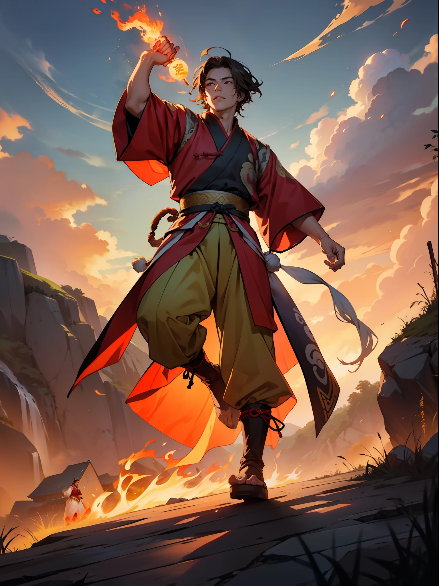 of a guy，Tang dynasty costumes，brunette color hair，Mighty，standing on your feet，Sun，fire glow，hilltop，Cloudy weather