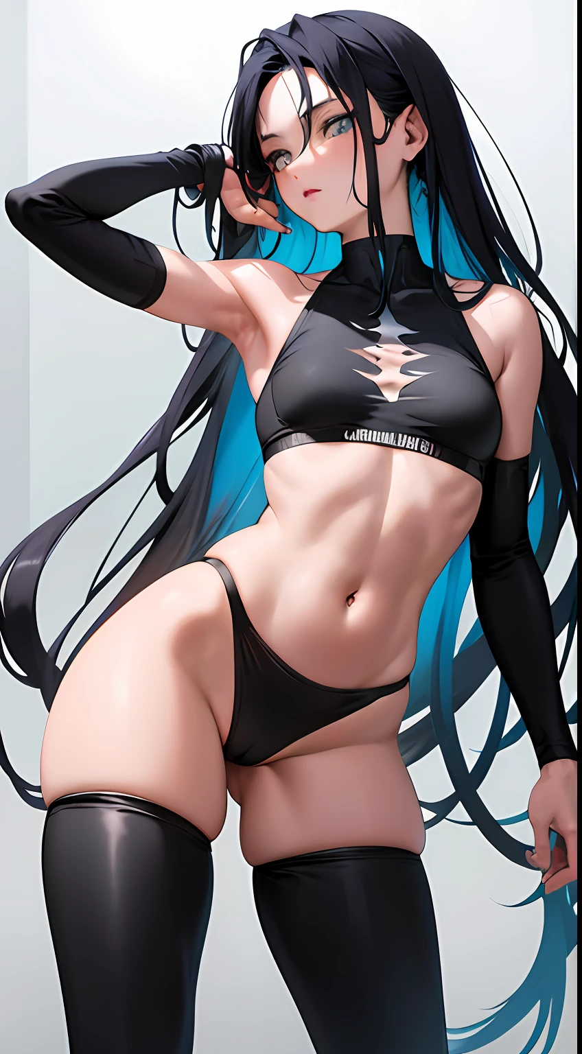 garota de anime, Linda, realista, melhor qualidade, Full HD, rosto detalhado, corpo detalhado, cabelos lisos, cabelos brancos, Cabelos Longos, ombro pequeno, Small thorax, middlebreasts, cintura fina, quadril largo, pernas grossas, top preto, sem mangas, barriga de fora, black legging pants, middlebreasts, pernas grossas, seios para fora, (standing on her feet) tight black legging pants, coxas grossas, seios grandes, tight black legging pants, high waist legging pants, cabelos lisos, cabelos grandes