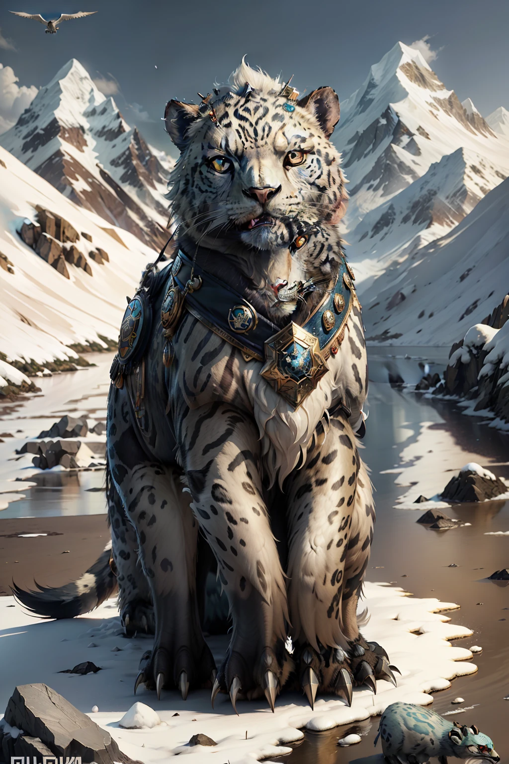 Design a commemorative badge,Use metal enamel,3D relief effect,Also fuse on the badge to show the vulture,snow leopard,argali,lakes,snow mountains,Characteristic elements of Tibet such as islands。