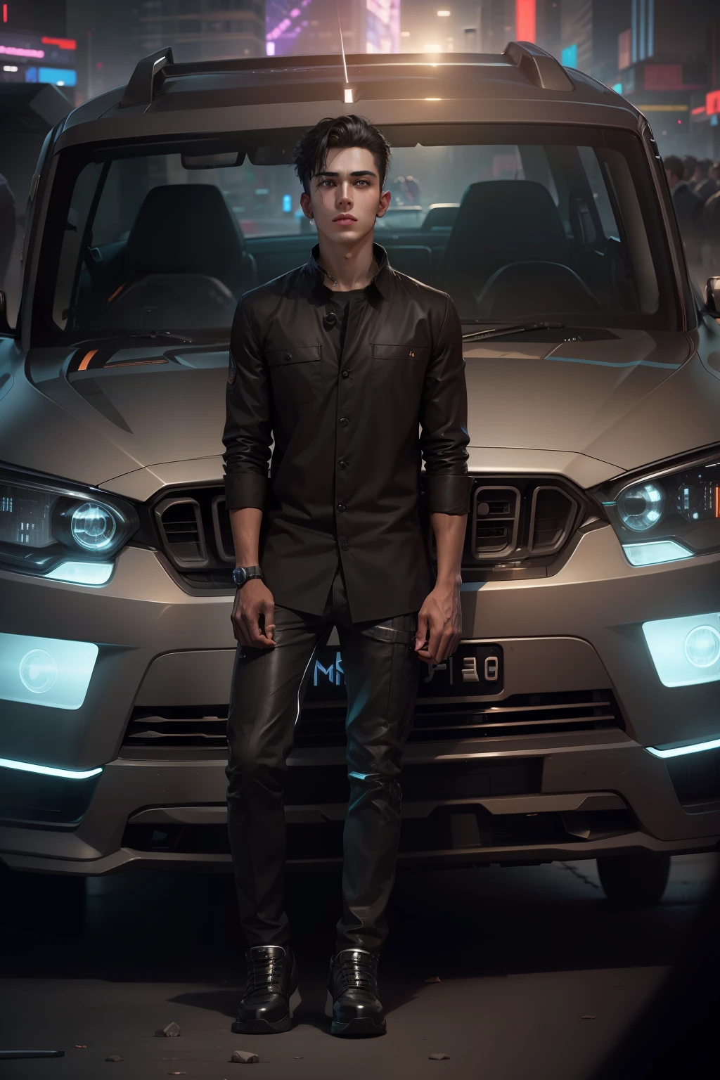 Change background cyberpunk black car handsome boy smart boy realistic face 8k