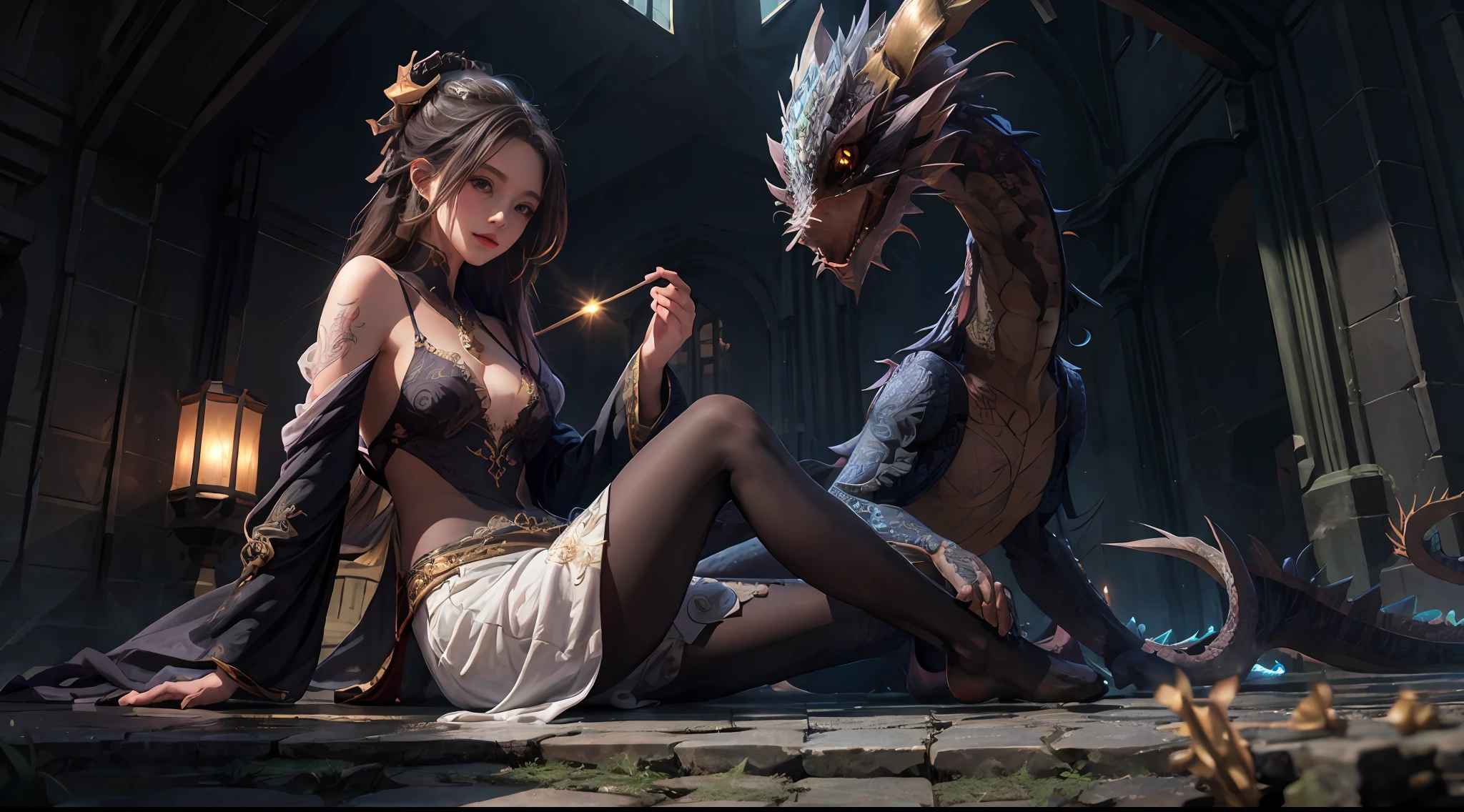 （Very detailed CG unity 8K wallpaper，tmasterpiece，best qualtiy，ultra - detailed，beatiful detailed eyes：1.2），best illuminate，（The best shadow，Extremely refined and beautiful，full bloom），On the girl's shoulder sits a small dragon，Large breasts，独奏，full bodyesbian，Tattooed with，naked leg，long  skirt，
