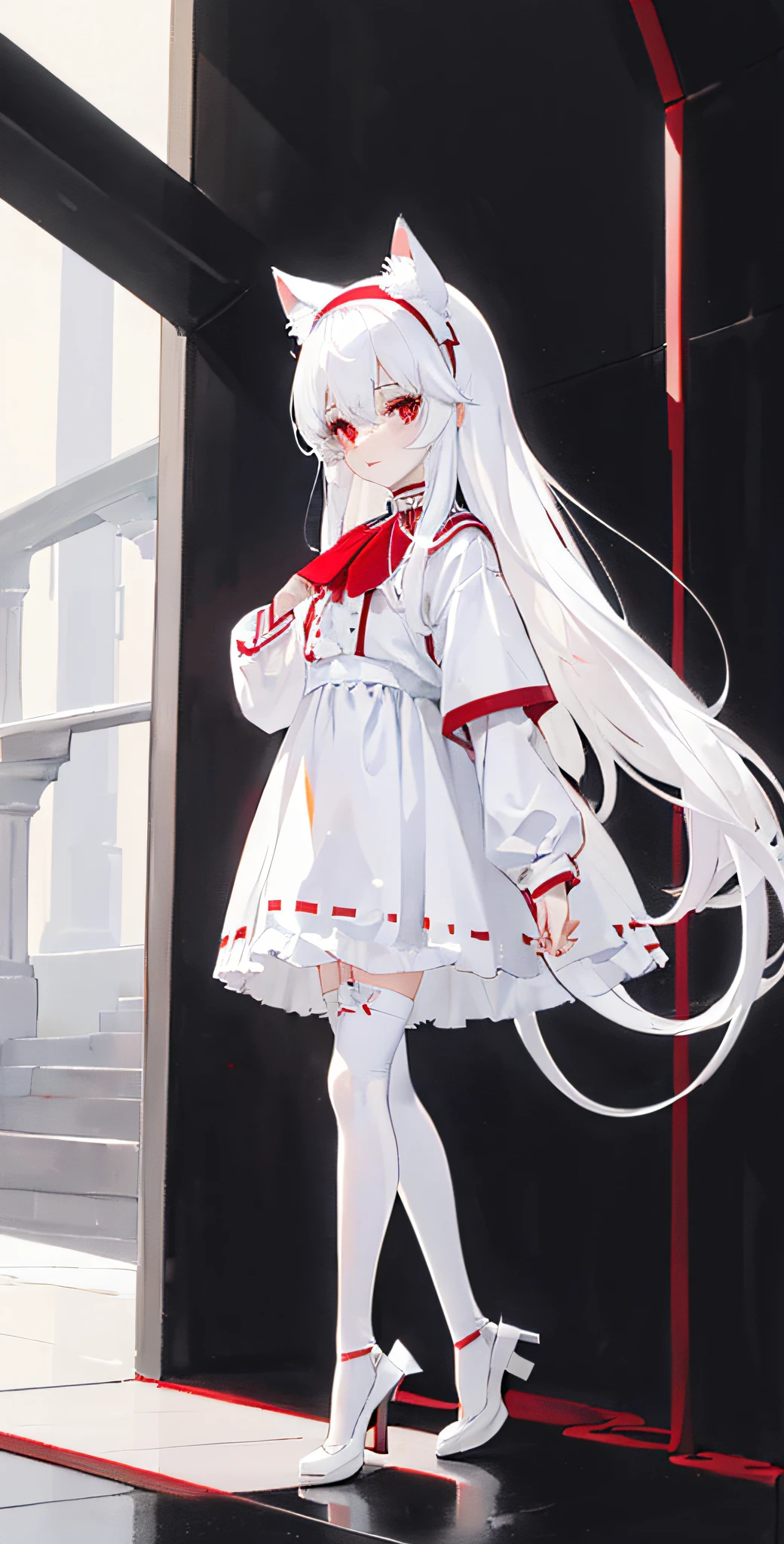 (((White stockings, White clothes))),A girl,((Red eyes)),Cat ears,(two sides up:1.3),Bayunling,White hair,Long hair,head band,Solo,(Petite:1.2),(Loli),Cute,Detailed face,ssmile,delicate leg