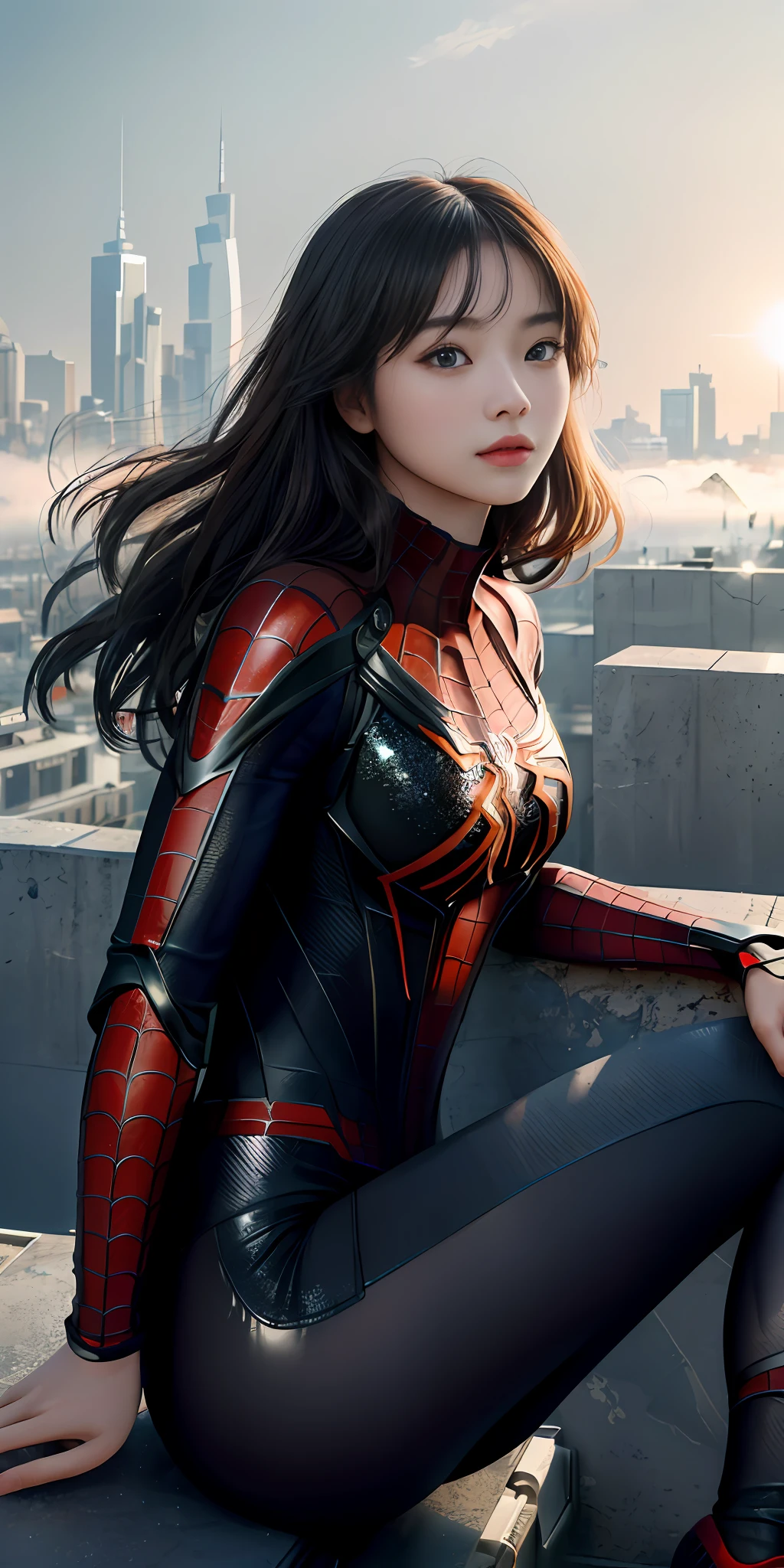 (1girl:1.3), 独奏, (((very vey very detailed face))),((very detailed eyes and faces))),beatiful detailed eyes,Body parts__,offcial art,Unified 8k wallpaper,ultra-detailliert,Beautiful and beautiful,big breasts beautiful,with a good figure,little breast,tmasterpiece,best qualtiy,primitive,tmasterpiece,ultra fine photos,best qualtiy,超高分辨率,photorealistic realism,rays of sunshine,full-body portraits,stunningly beautiful,,dynamicposes,delicated face,vibrant eyes,(from the front side), she is in a spider-man suit,Red and black color scheme,arachne,Very detailed city roof background, Roof,looking over city,详细的脸,detailed complex busy background,untidy,opulent,milkyW,highly detailedskin,Realistic details of skin,Visible pores,Clear focus,volume fog,8k uhd,digital SLR camera,high qulity,filmgrain,White skin of the,photo-realism,lomography,A huge metropolis of the dystopia of the future, semi transparent