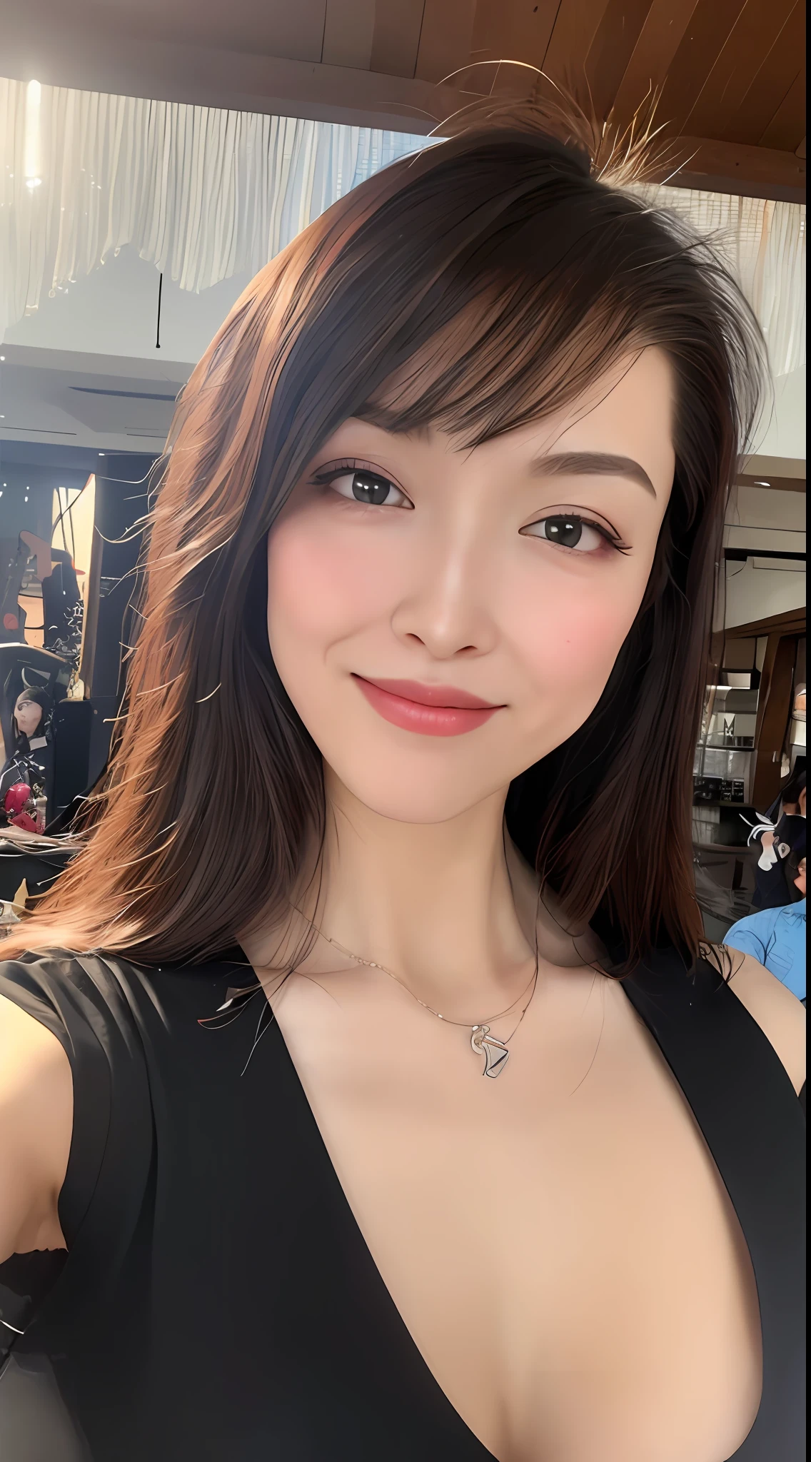 ((top quality, 8k, masterpiece, sharp focus, 35mm lens, f/0.8, stunningly beautiful perfect figure: 1.4)), under lighting, ((natural medium breast)), (white tank top: 1.2), (market background: 1.2), fish hook necklace, hookz, highly detailed face and skin texture: 1.2, detailed black eyes: 1.2, ultra detailed skin, shiny skin: 1.2, grinning, Beautiful detailed makeup: 1.2, high-fidelity bangs, light brown medium cut random hairstyle, from below, looking at the viewer, inverted triangle face, wearing black bodysuit, wearing black latex, black clothes close to the skin