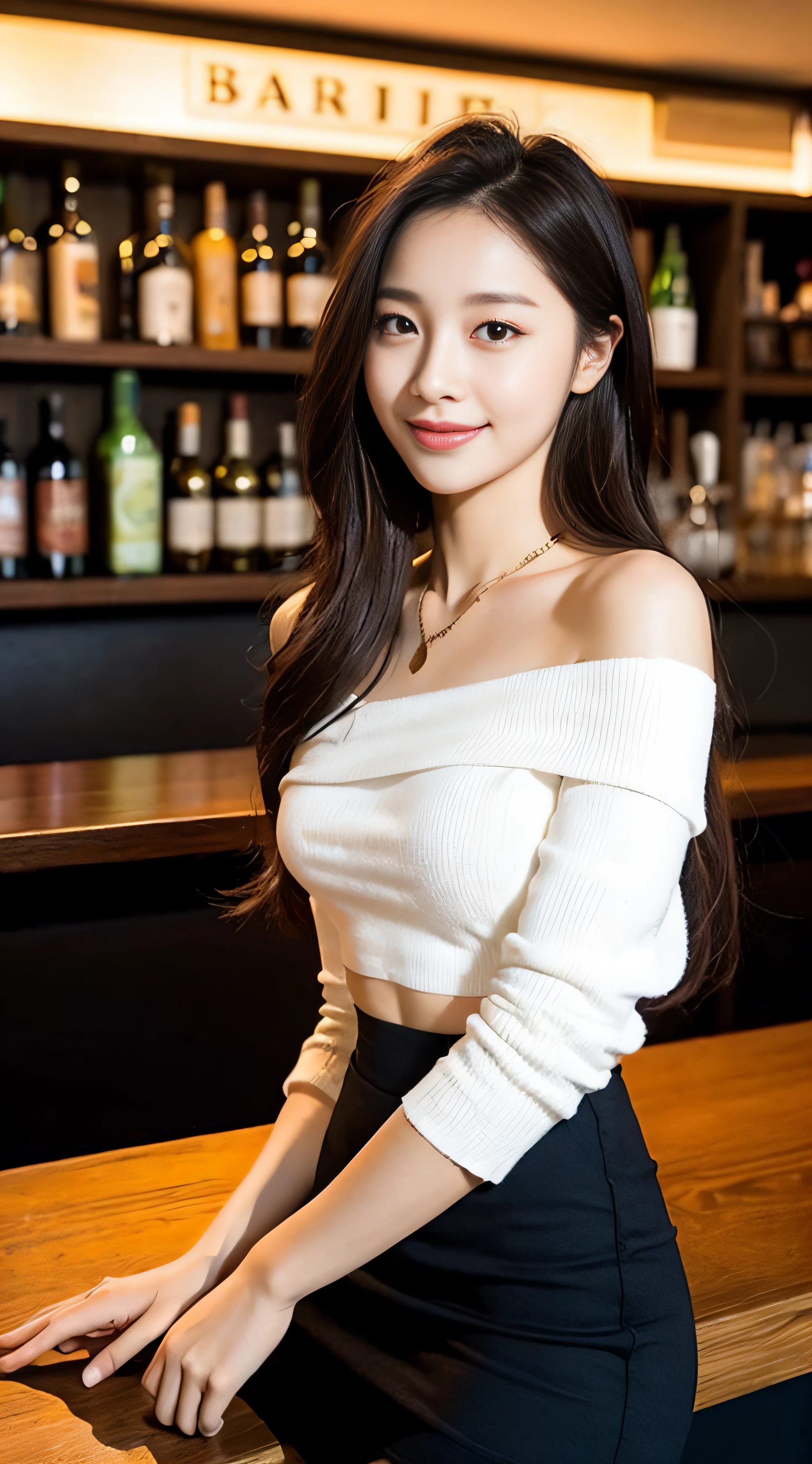 A superb exquisite real beautiful girl, golden long curly hair, extremely exquisite facial features, peerless beautiful girl, collarbone off-the-shoulder, white crop top shirt, black JK skirt, exposed legs, sweet smile, soft, dreamy quality, light white and dark brown, exaggerated facial features, solid color, frank off-white, surreal, blue gemstone necklace, ultra-clear, beautiful young girl, cute and lively, super short leggings, background at the bar counter