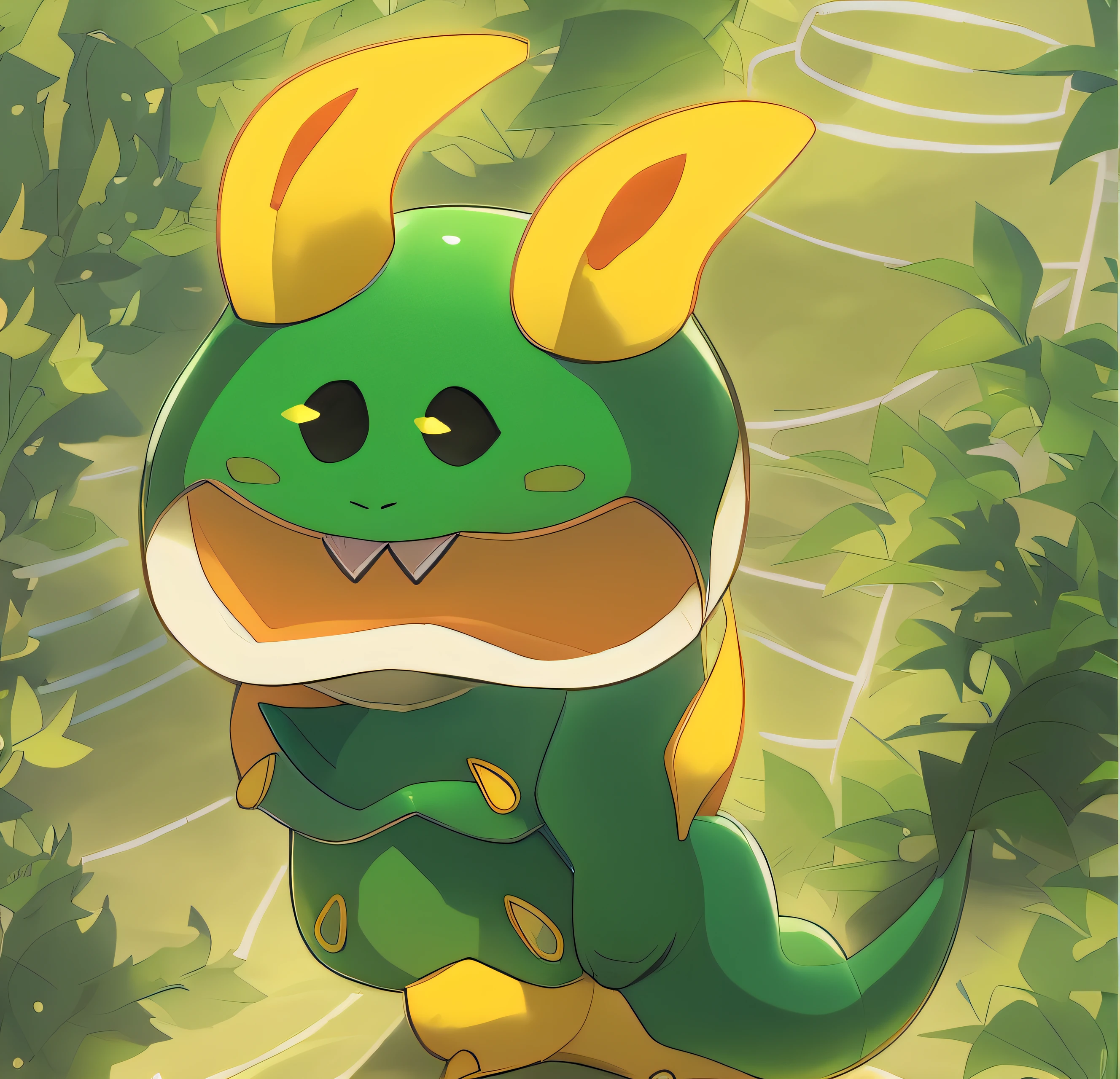 Cartoon of a green and yellow dragon with horns and a long tail, Polychaeta, Rato Maplestory, Guggimon, um monstro vegetal, Shogakukan, wee whelp, character art of maple story, Chibi, viper, imagem anime Gelbooru, similar to pokemon, monstro da planta, newly hatched dragon, new pokemon, curved horned dragon!