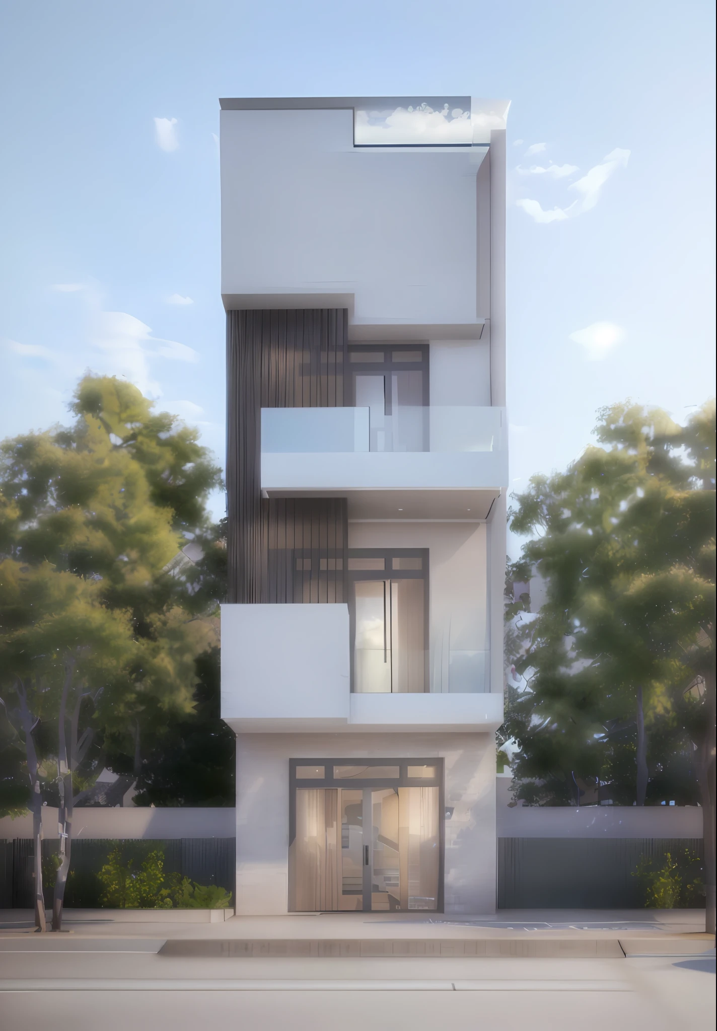 a rendering of a modernslim town house with big glass windows, very realistic 3d render, 3 d vray render, very realistic render,facade elevation view, wide angle exterior 2022, architectural 3 d render, render vray, exterior design, concept house, lumion render, elevation view, professional render, high render, vray render, realistic architecture
