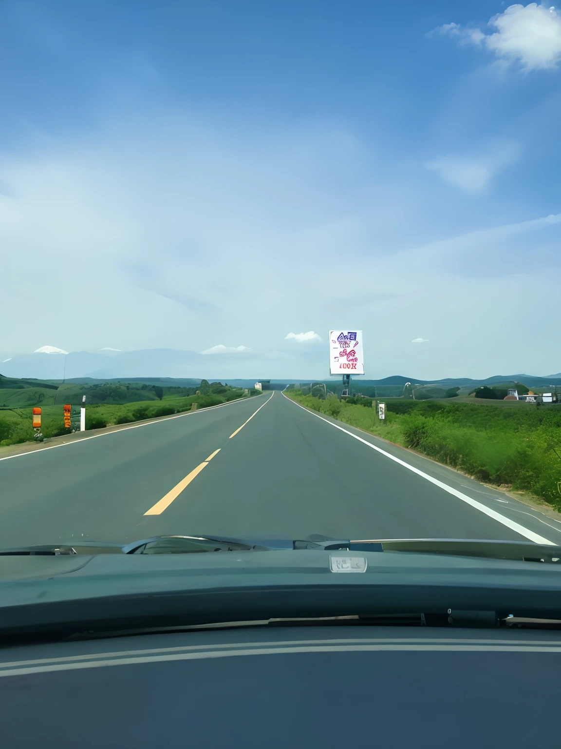 On a sunny day，There is a bus running on the road, on road, Faraway view, Wide roads, open road, accurate roads, empty road in the middle, shot from afar, long distance photo, with mountains in the distance, Clear sky in the distance, Masterpiece works of art, hills in the background, Long highways, countryside in japan, wide long shot